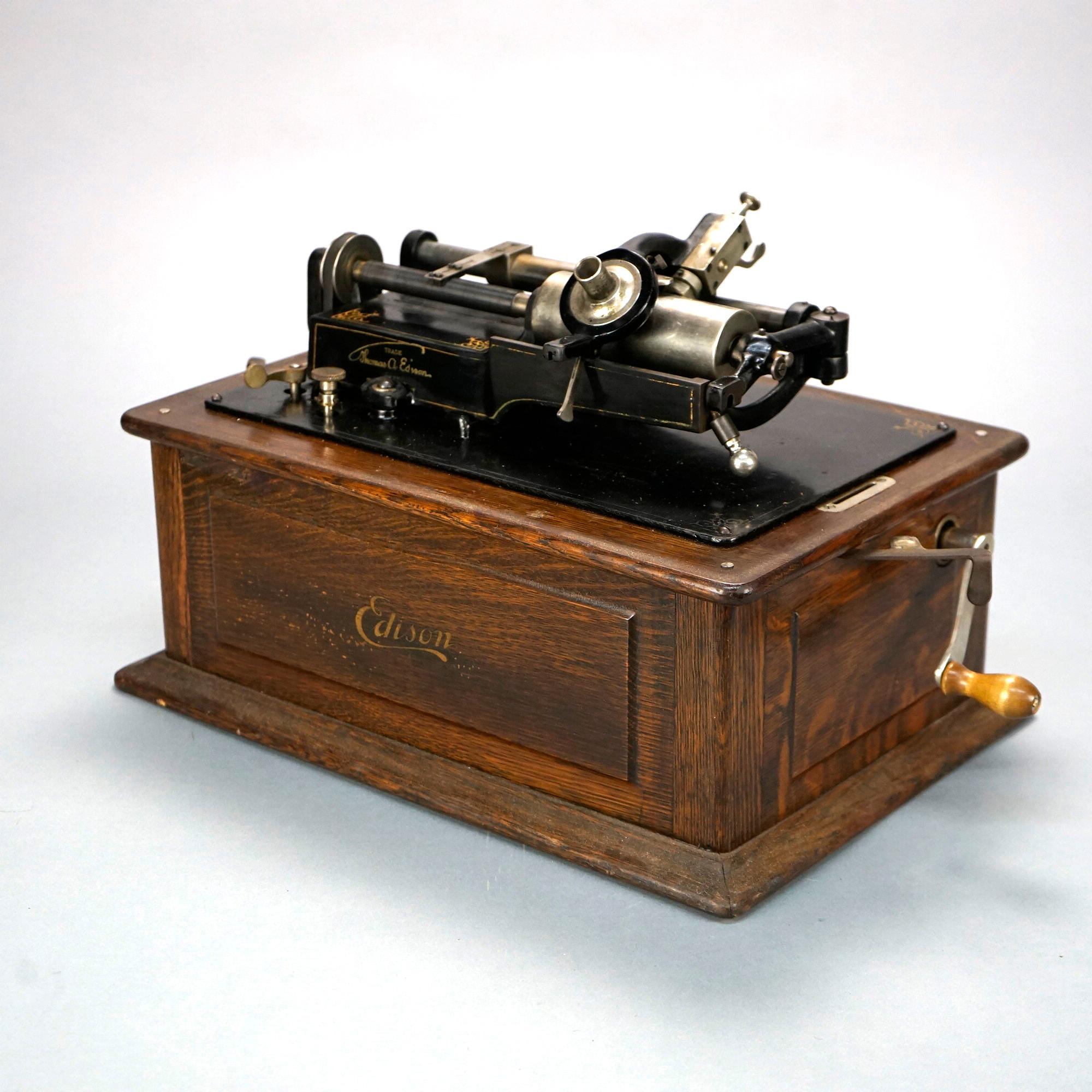 20th Century Antique Edison Triumph Cylinder Phonograph with Oak Case Circa 1900