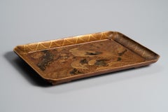 Vassoio per incenso antico in oro Edo con decorazione Nashiji Maki-e raffigurante uccelli e fiori