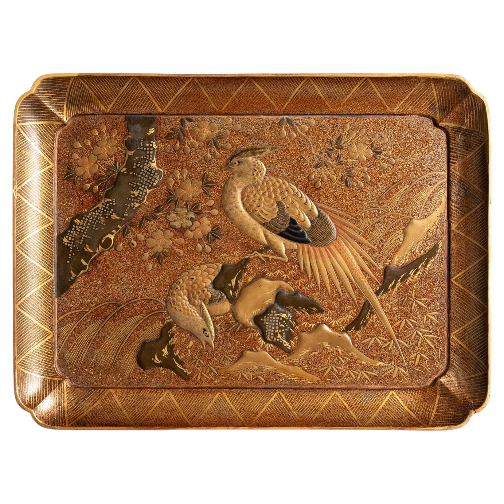 Antique Edo Gold Nashiji Maki-e Bird and Flower Incense Tray