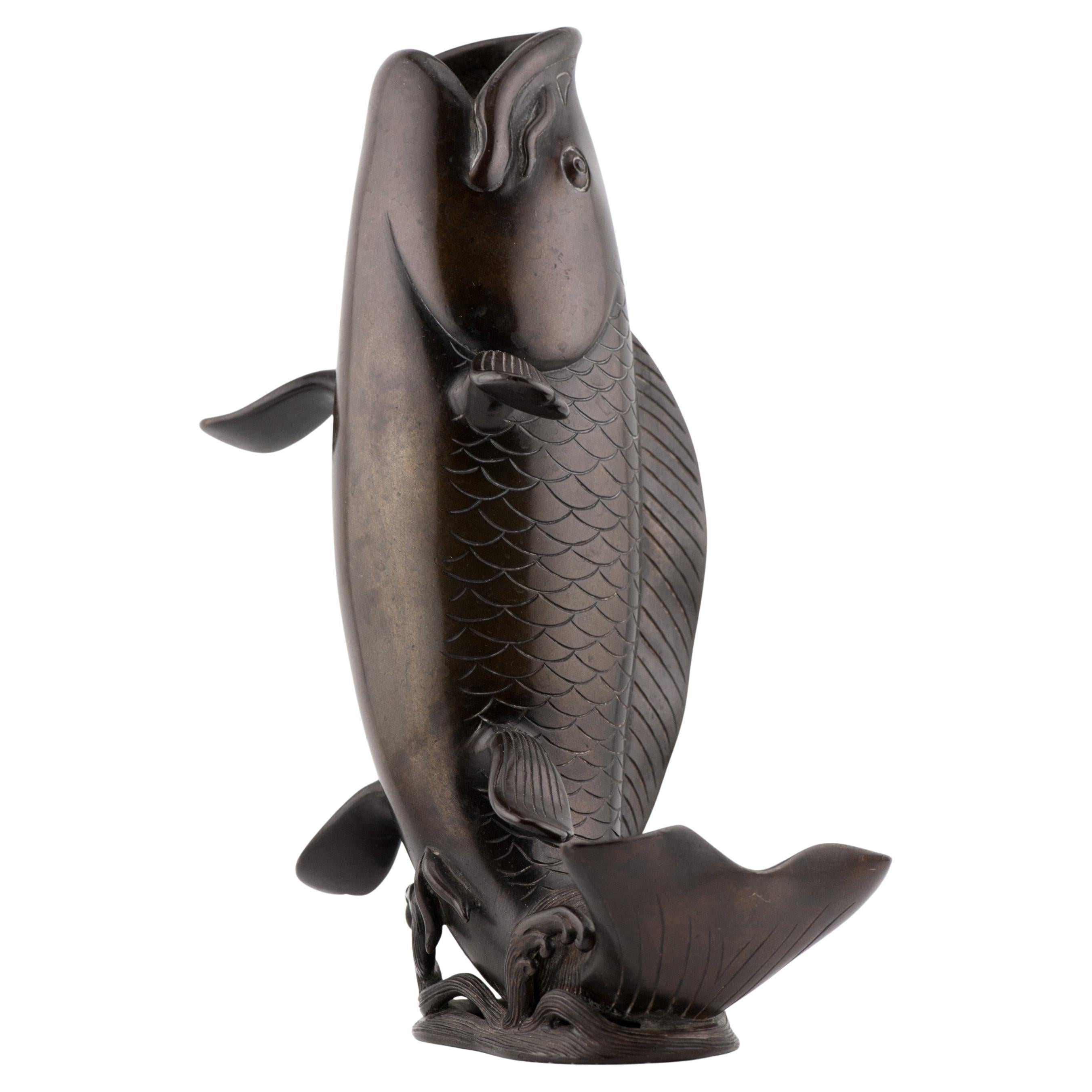 Antique Edo/Meiji 19C Fish Incense Burner/Vase Okimono Bronze Japanese