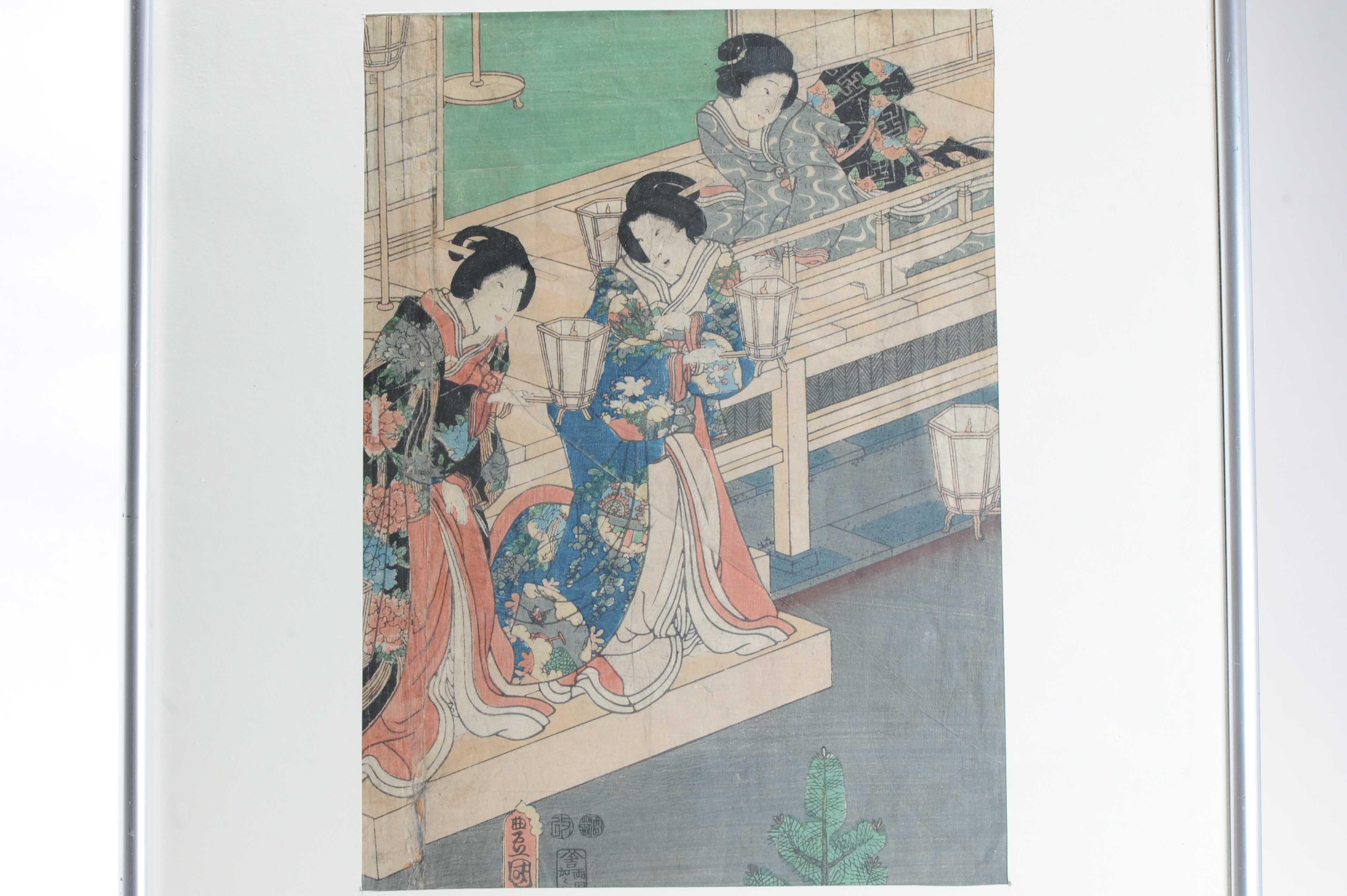 Antique Edo Period 19th c Woodblock Print - Kunisada Triptych The Little Princes For Sale 3