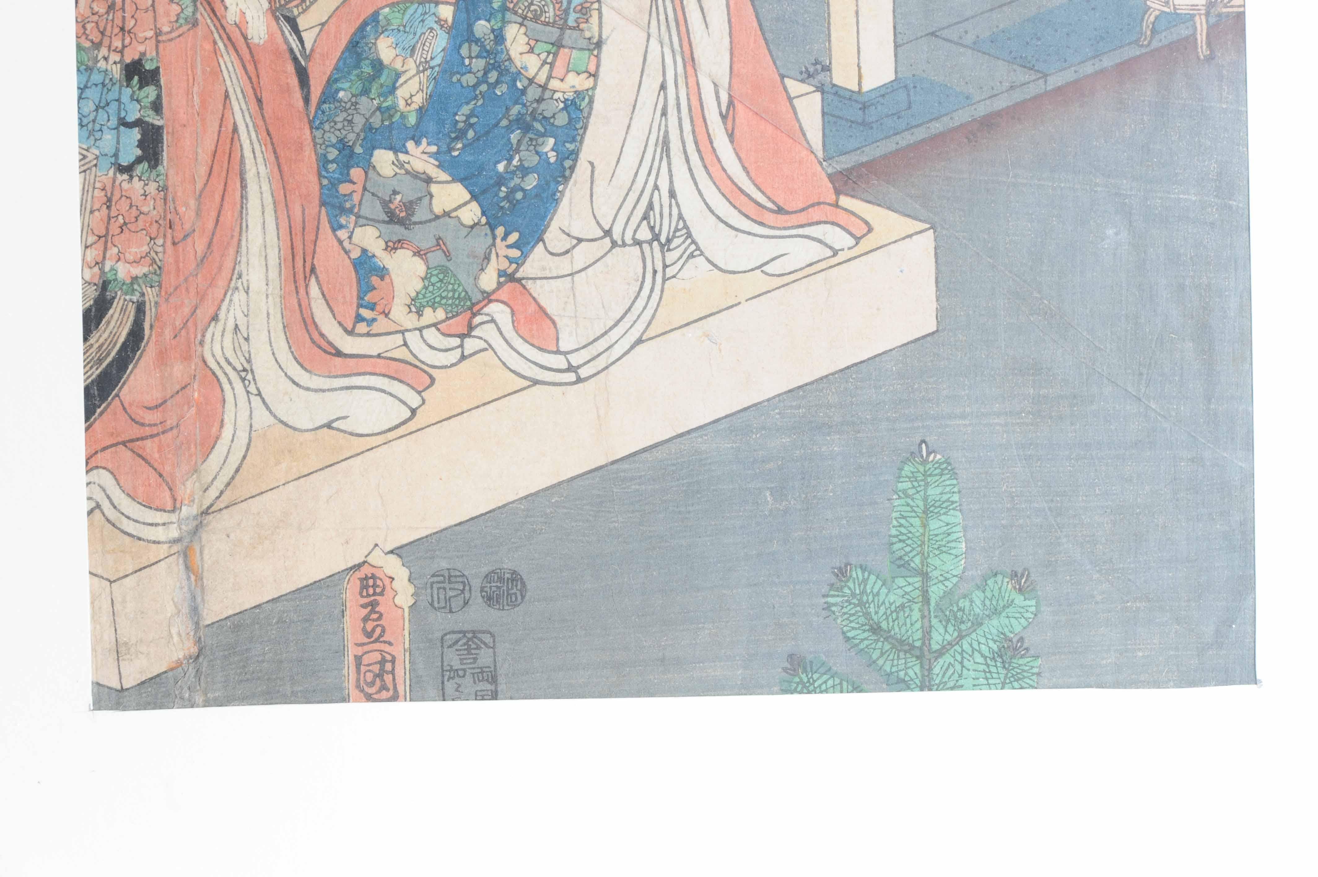 Antiker Holzschnitt aus der Edo-Periode des 19. Jahrhunderts – Kunisada Triptychon „Die kleinen Prinzen“ im Angebot 5