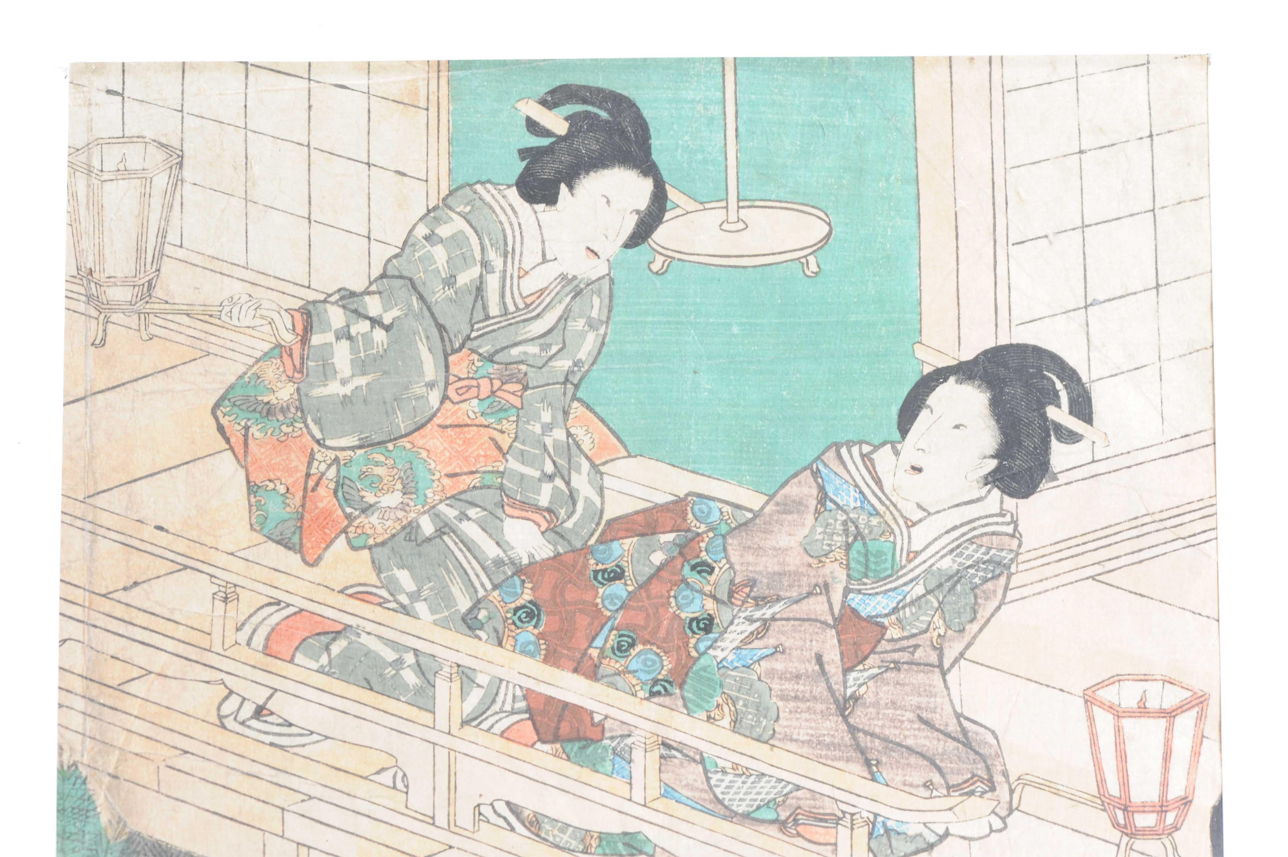 Antique Edo Period 19th c Woodblock Print - Kunisada Triptych The Little Princes For Sale 9
