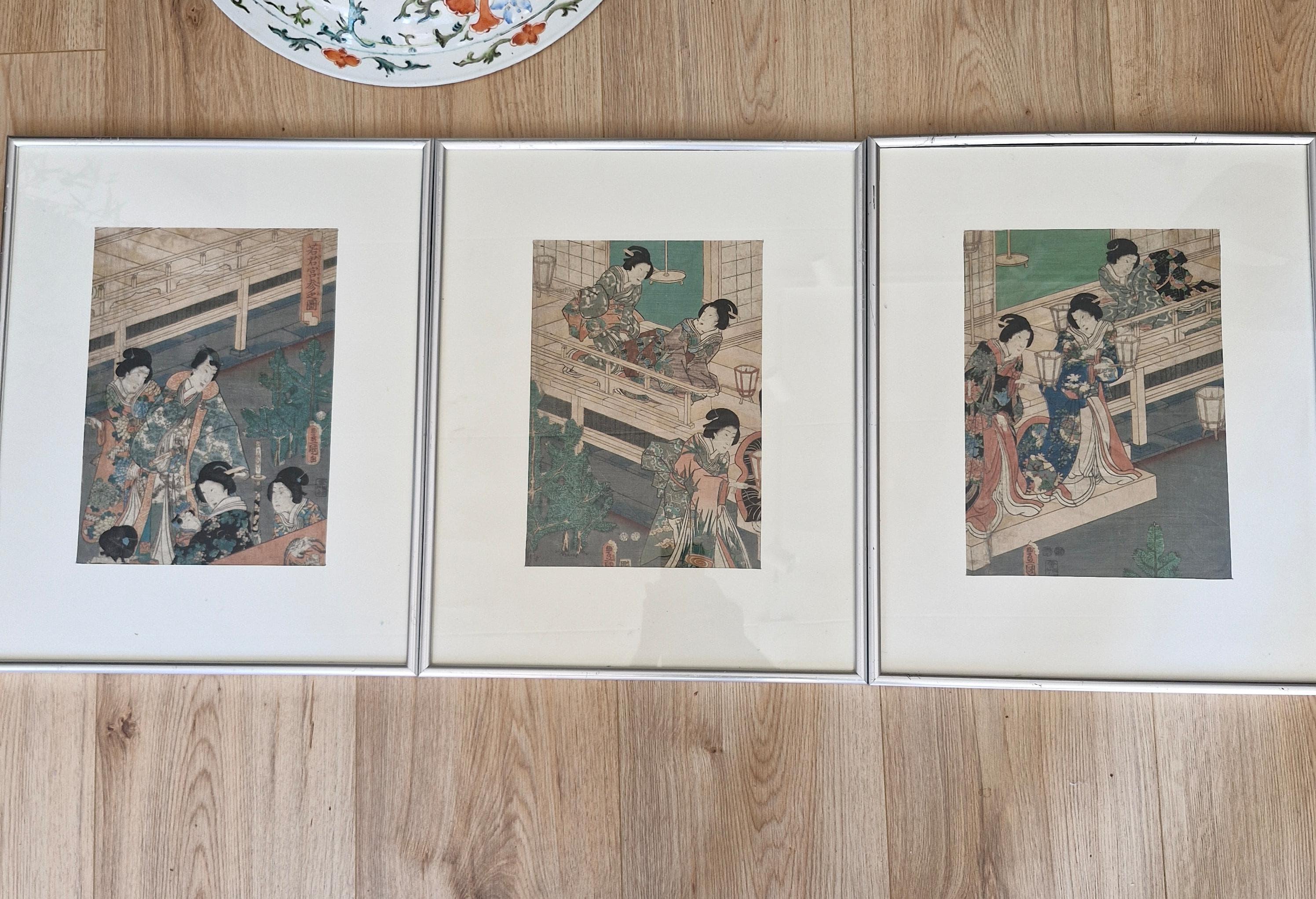 Showa Antique Edo Period 19th c Woodblock Print - Kunisada Triptych The Little Princes For Sale