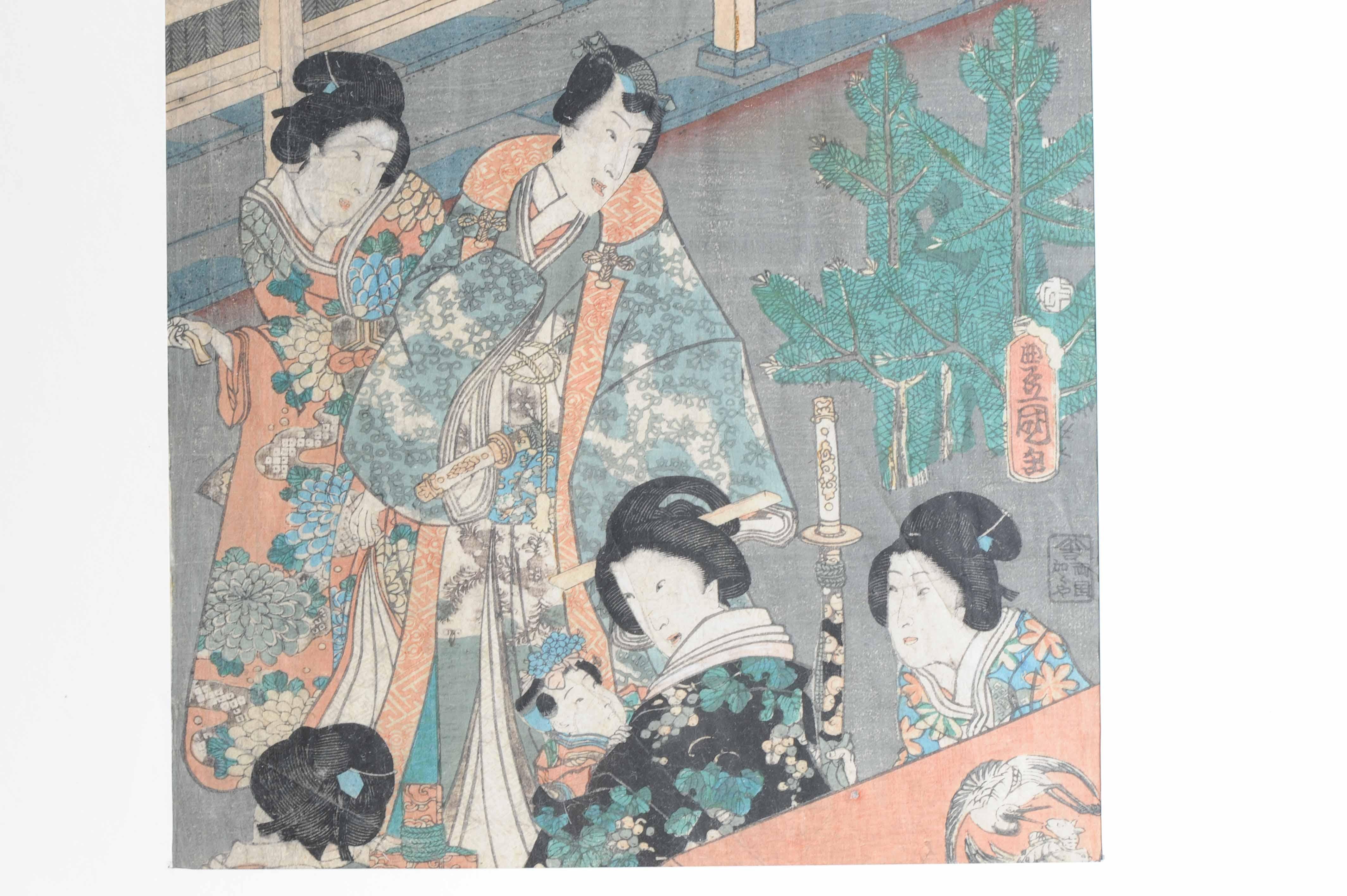 Paper Antique Edo Period 19th c Woodblock Print - Kunisada Triptych The Little Princes For Sale