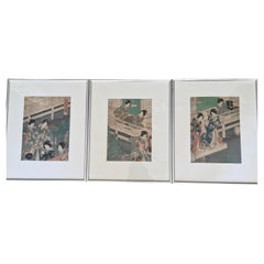 Antiker Holzschnitt aus der Edo-Periode des 19. Jahrhunderts – Kunisada Triptychon „Die kleinen Prinzen“