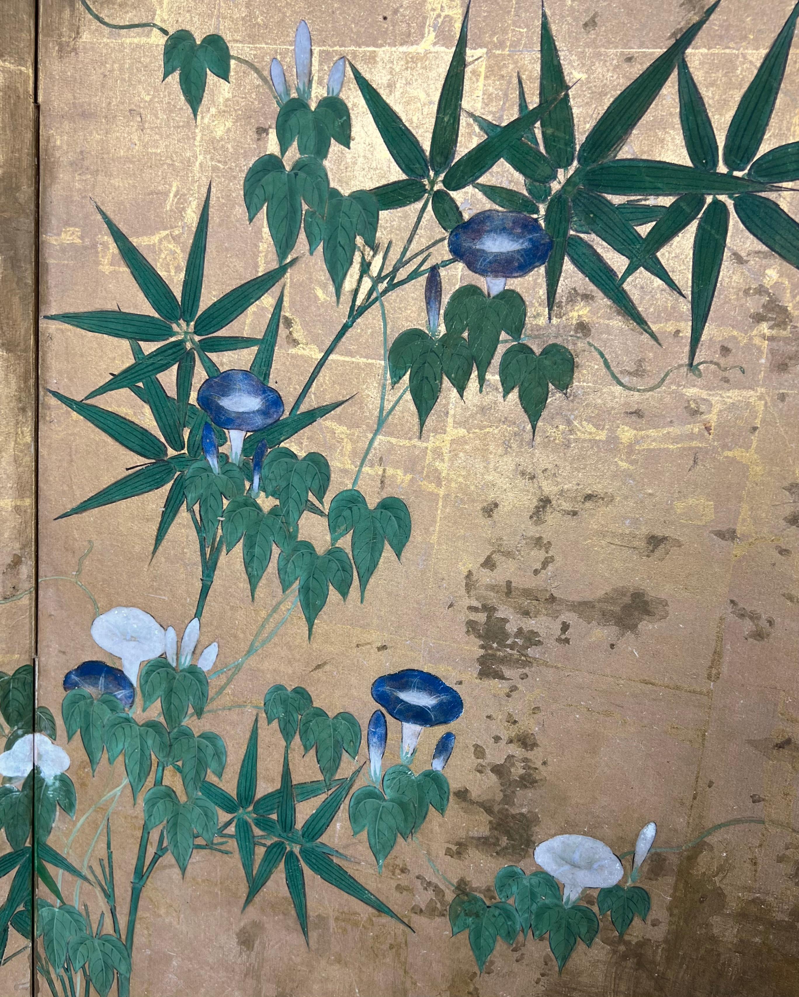 Antique Edo Period 6 Panel Folding Screen Depicting Birds and Seasonal Flowers 5