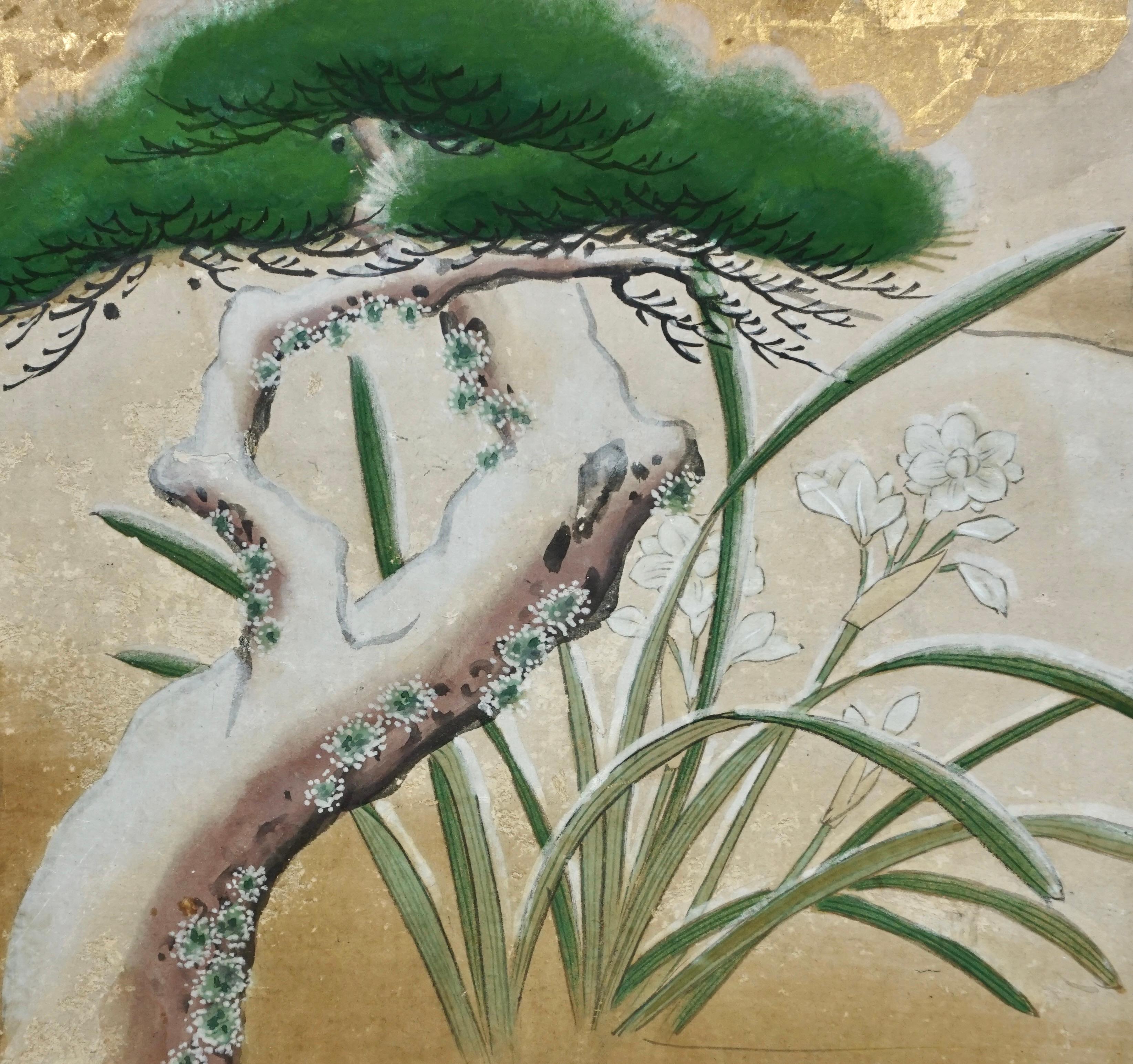 Antique Edo Period 6 Panel Folding Screen Depicting Birds and Seasonal Flowers  6