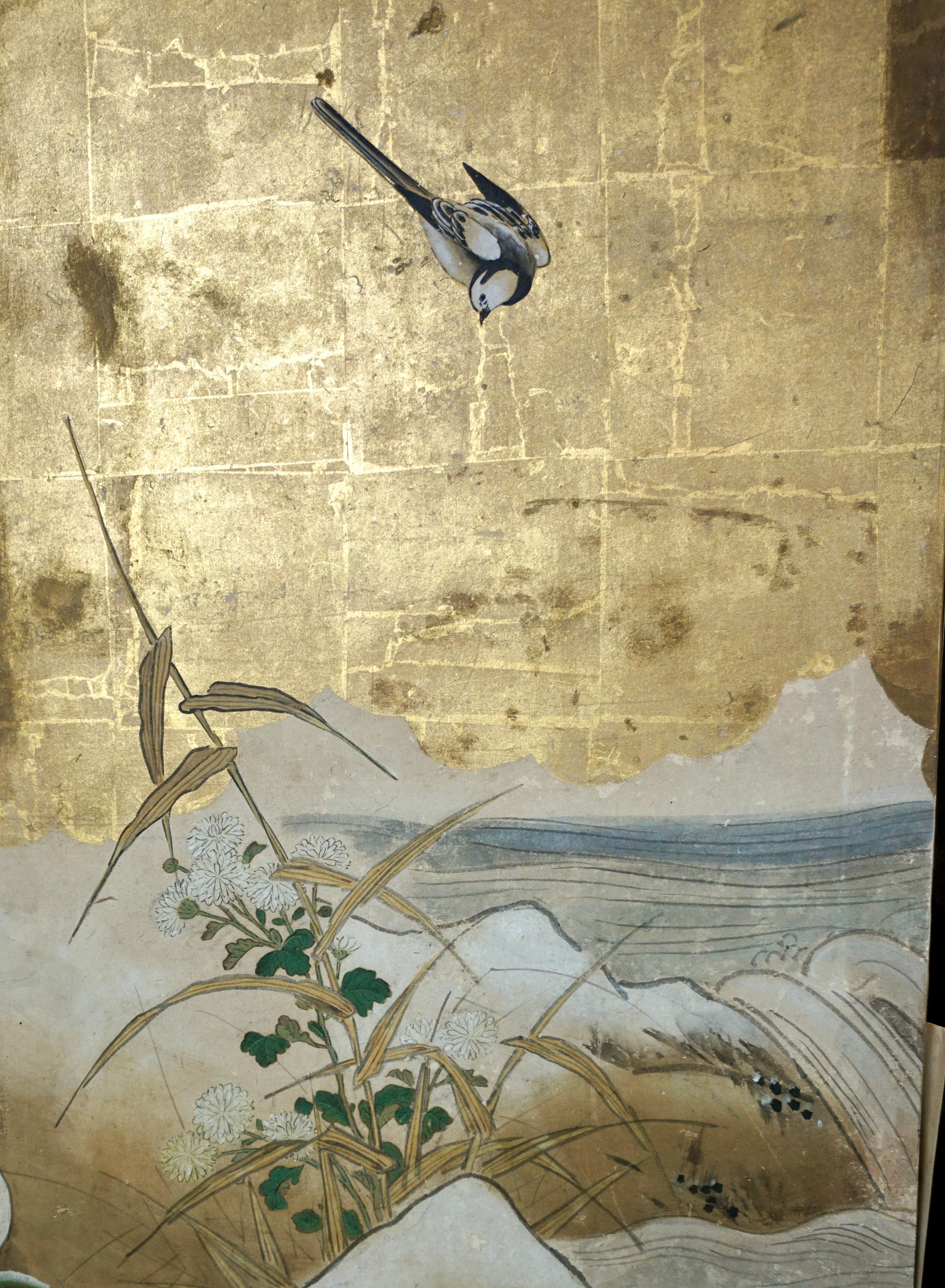 Antique Edo Period 6 Panel Folding Screen Depicting Birds and Seasonal Flowers  7