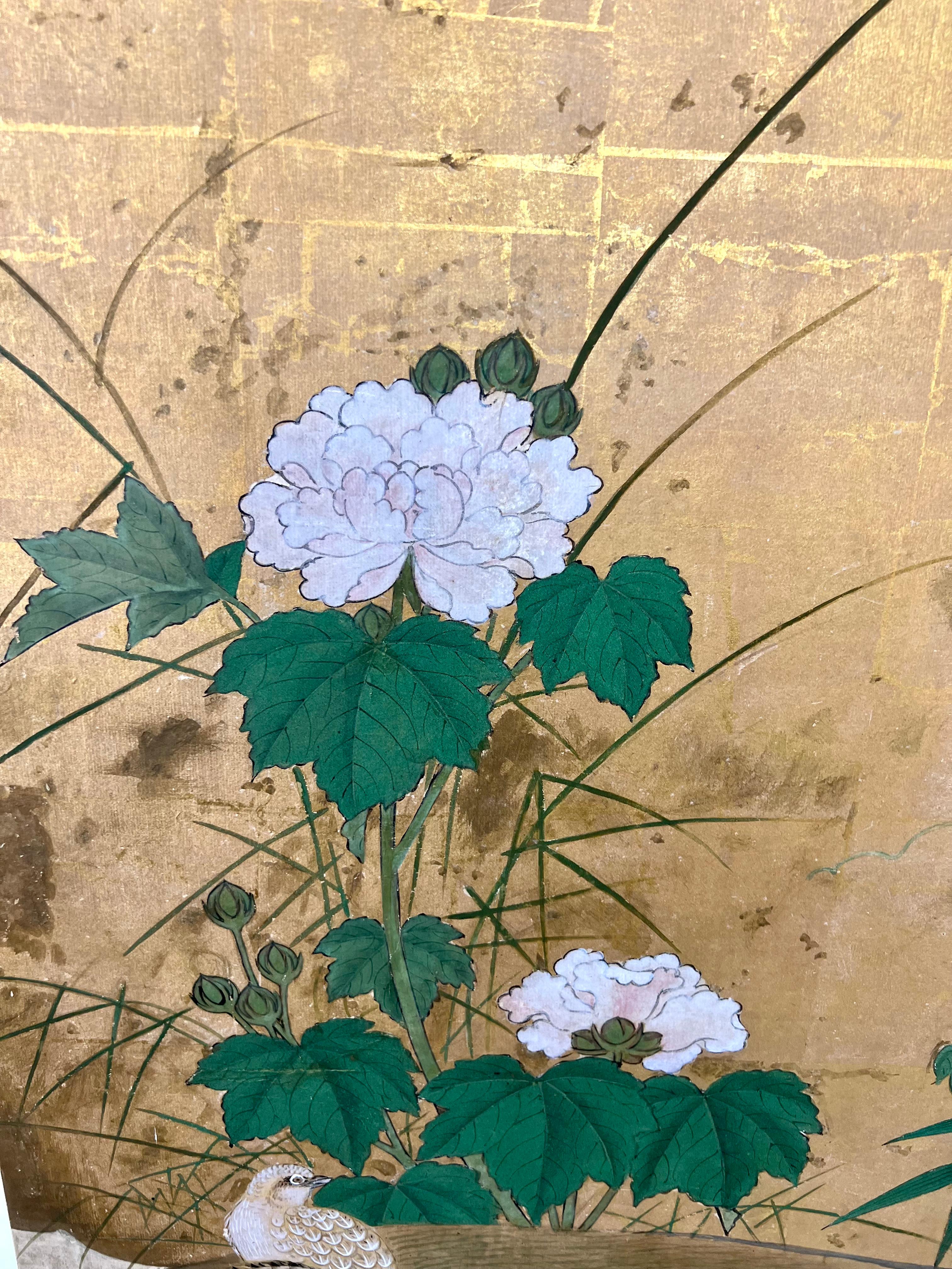 Antique Edo Period 6 Panel Folding Screen Depicting Birds and Seasonal Flowers  10