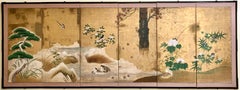 Antique Edo Period 6 Panel Folding Screen Depicting Birds and Seasonal Flowers