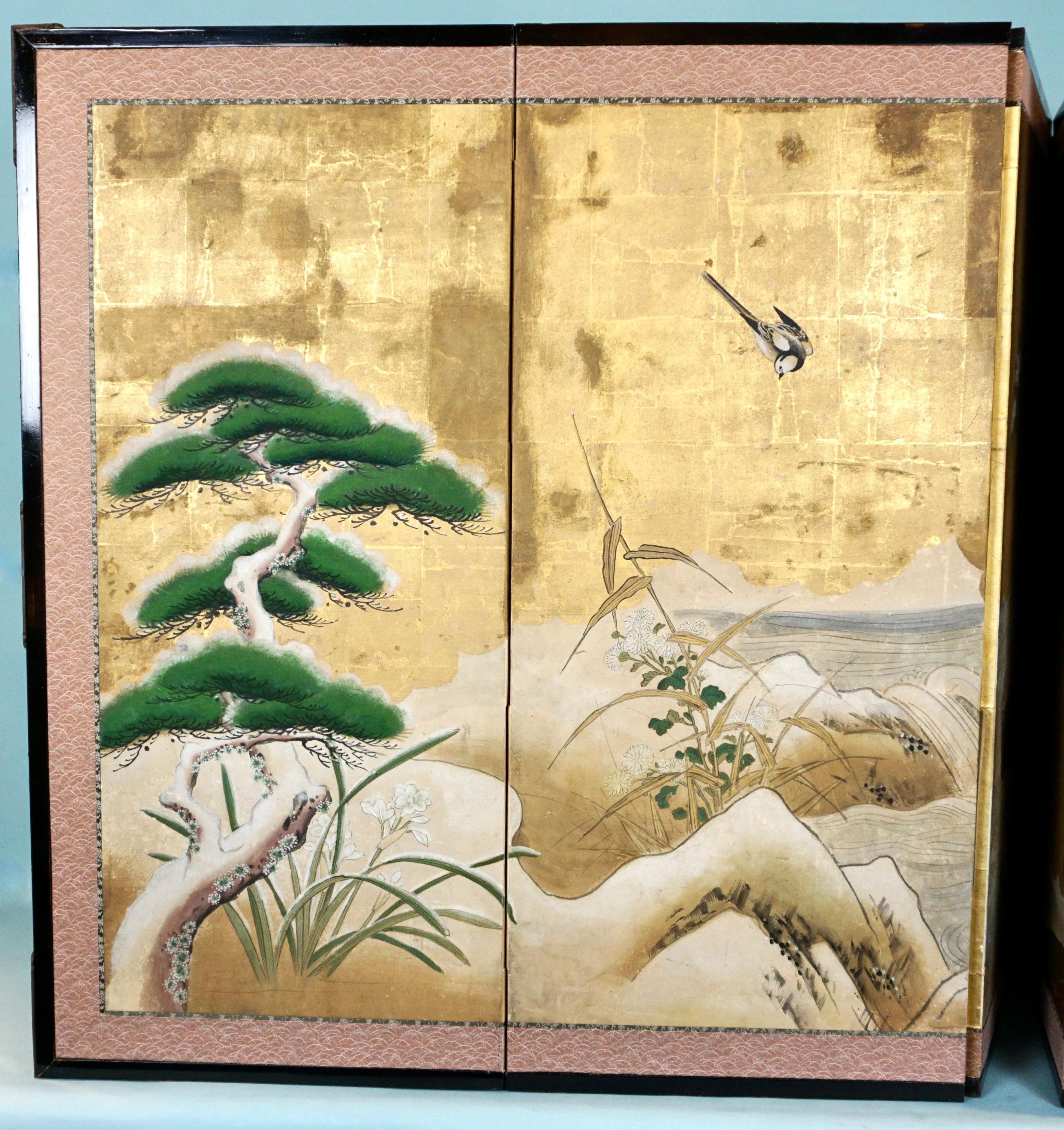Japanese Antique Edo Period 6 Panel Folding Screen Depicting Birds and Seasonal Flowers 