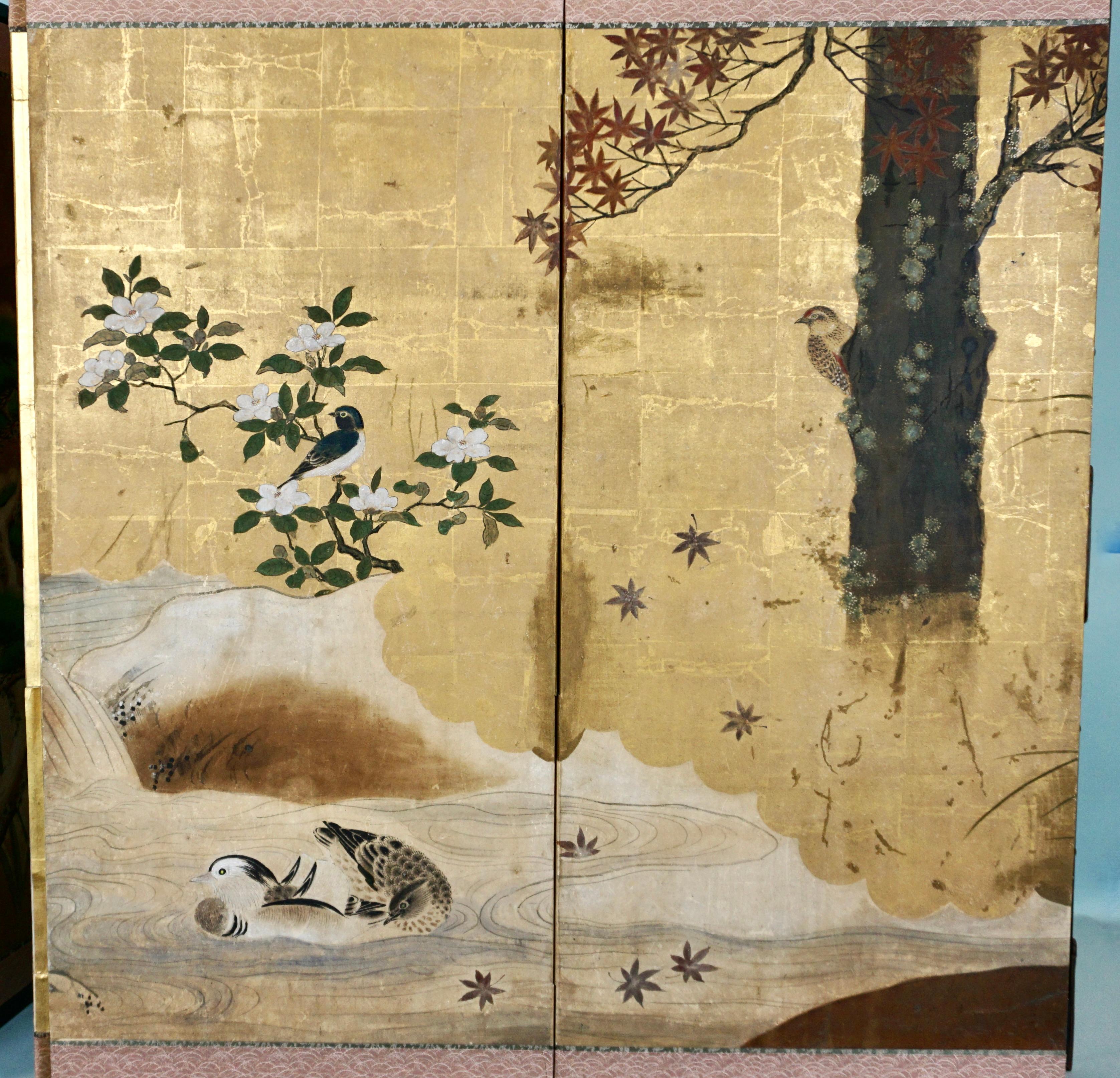 Antique Edo Period 6 Panel Folding Screen Depicting Birds and Seasonal Flowers In Good Condition In San Francisco, CA