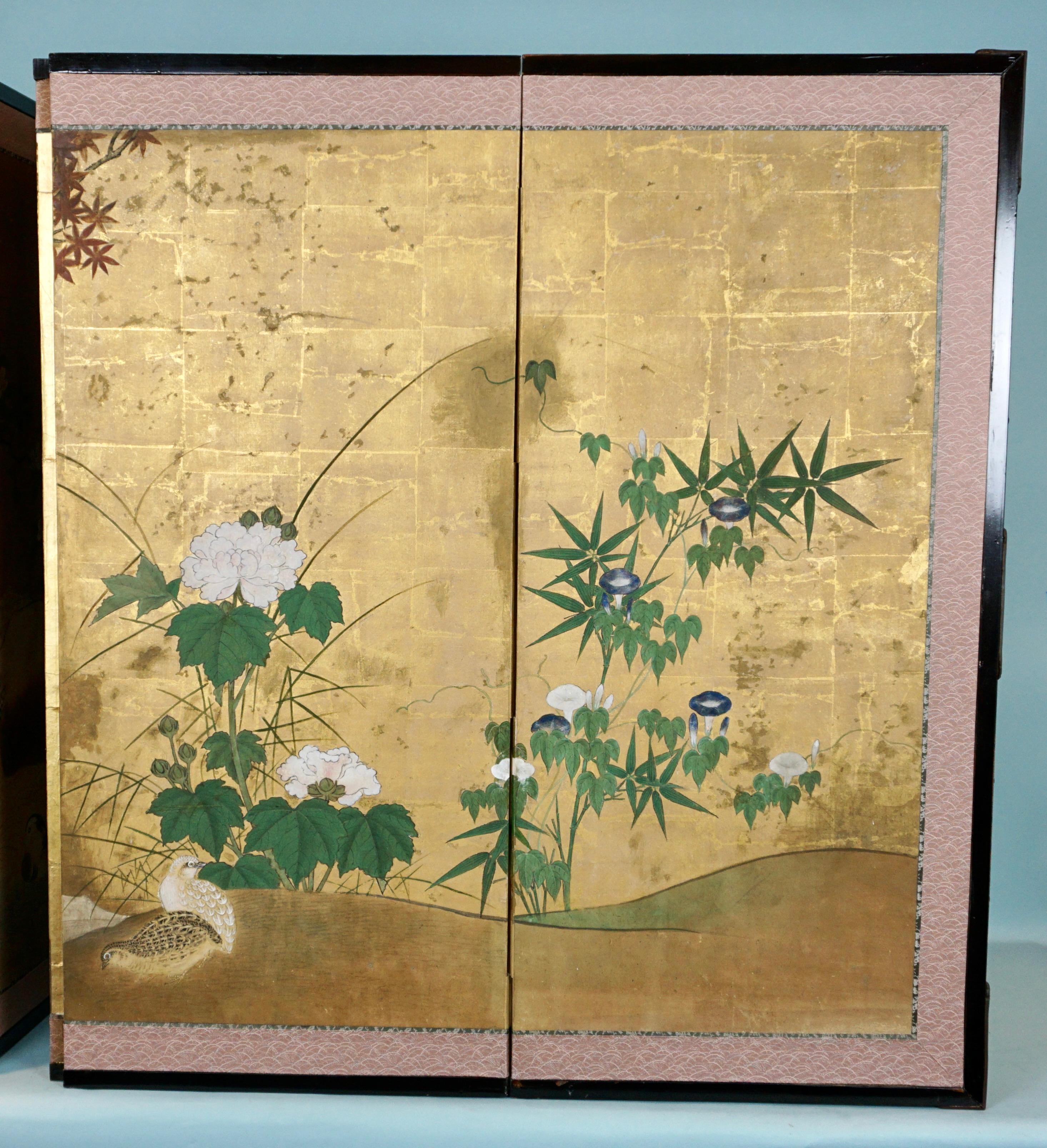 18th Century Antique Edo Period 6 Panel Folding Screen Depicting Birds and Seasonal Flowers 