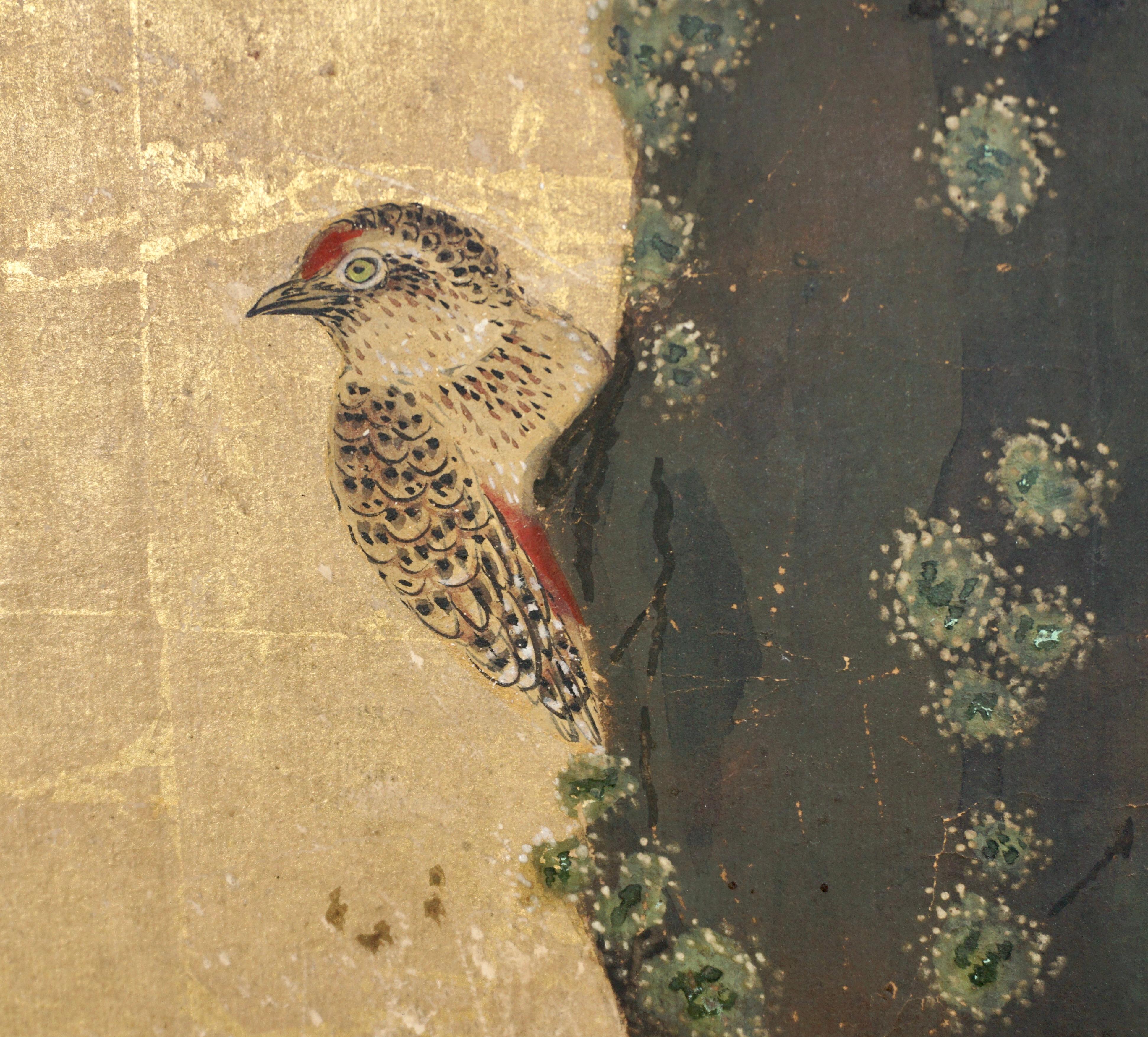 Brocade Antique Edo Period 6 Panel Folding Screen Depicting Birds and Seasonal Flowers