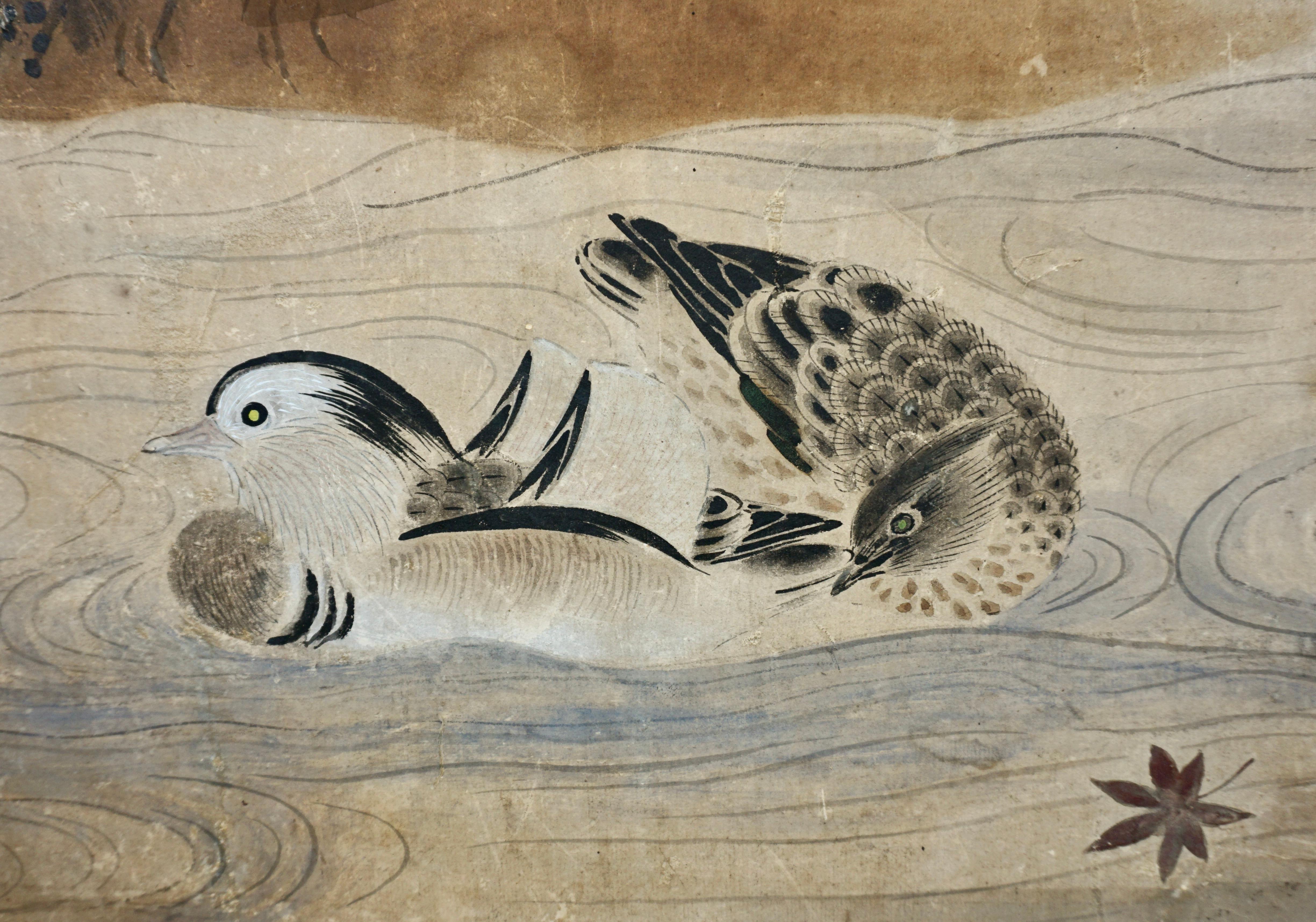 Antique Edo Period 6 Panel Folding Screen Depicting Birds and Seasonal Flowers  1