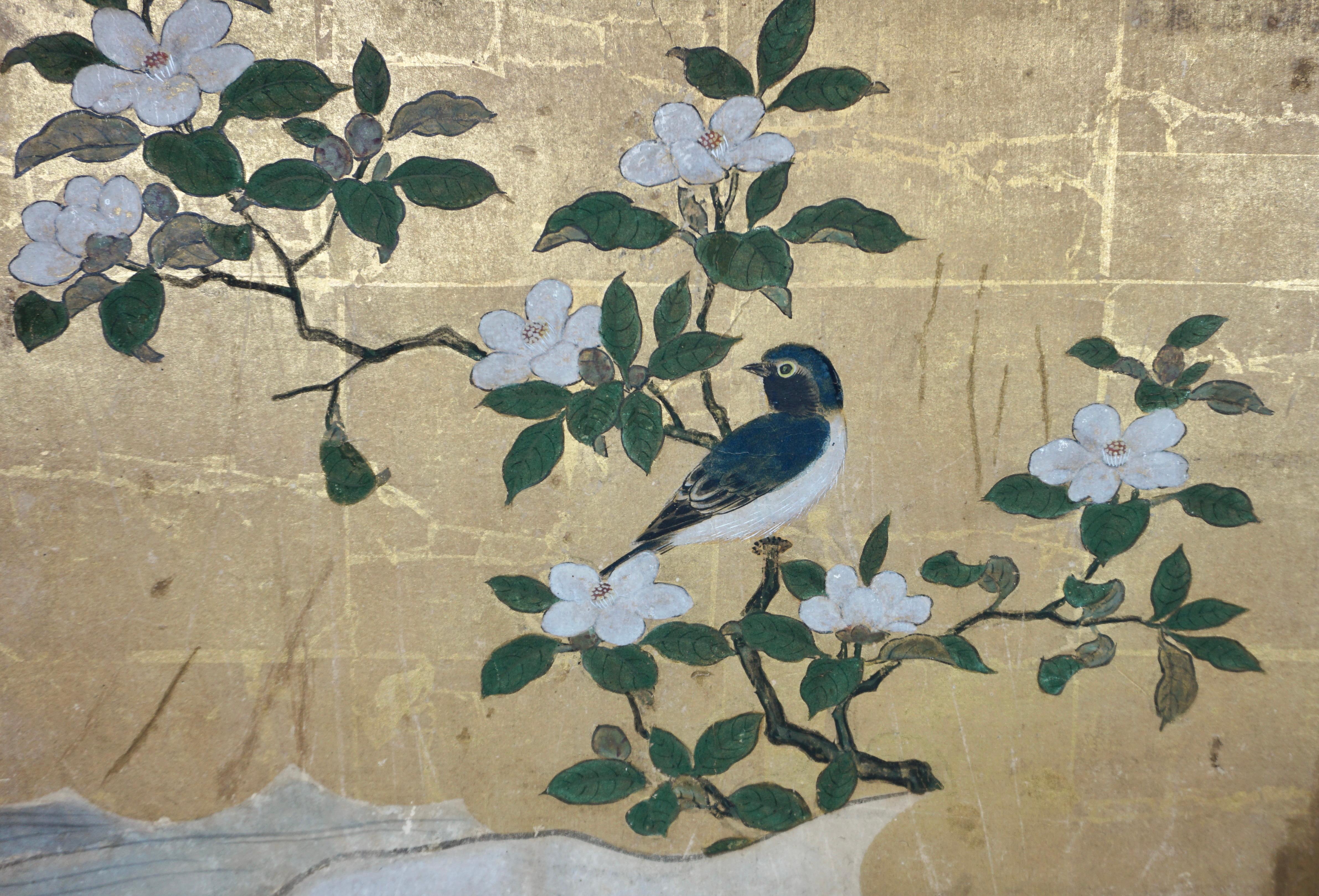 Antique Edo Period 6 Panel Folding Screen Depicting Birds and Seasonal Flowers  2