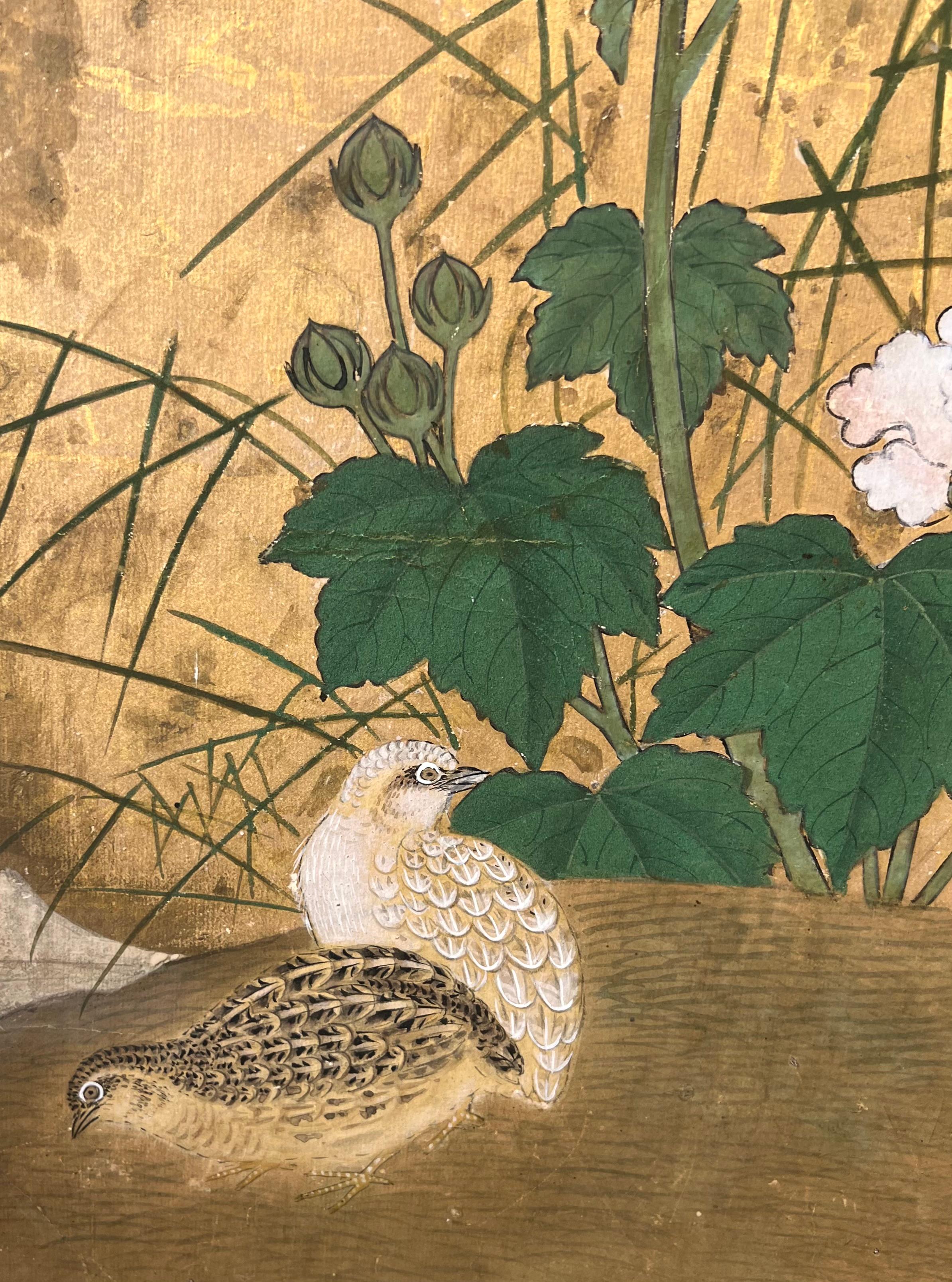 Antique Edo Period 6 Panel Folding Screen Depicting Birds and Seasonal Flowers 3