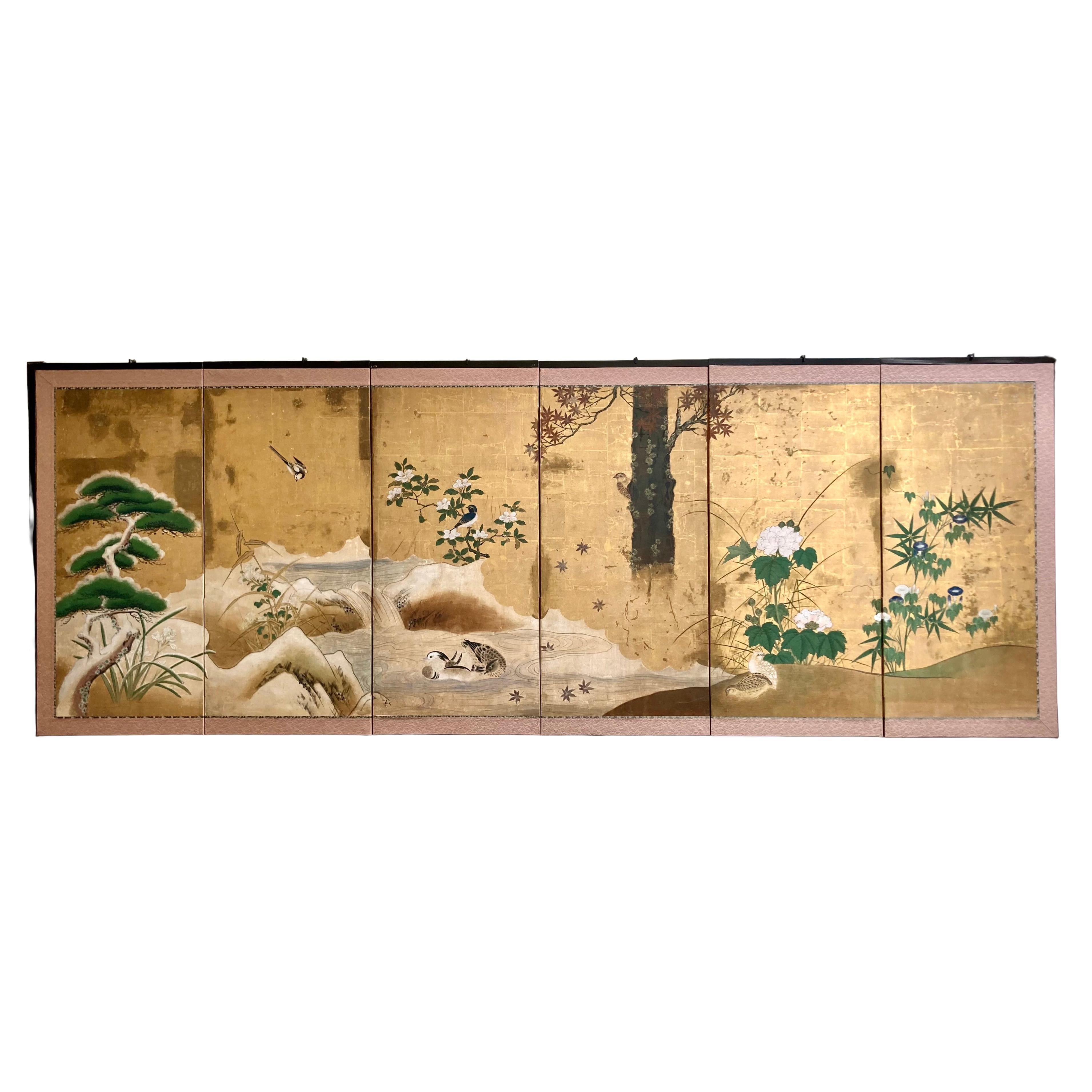 Antique Edo Period 6 Panel Folding Screen Depicting Birds and Seasonal Flowers 