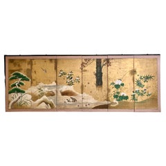 Antique Edo Period 6 Panel Folding Screen Depicting Birds and Seasonal Flowers 