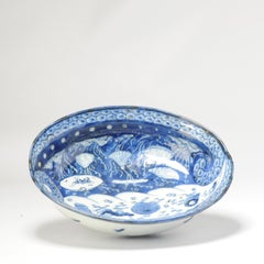Antique Edo Period Japanese Arita Sea Bottom Bowl Blue White Seafood Dish