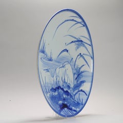 Antique Edo Period Japanese Porcelain Plate Arita Dish Cranes, ca 1800