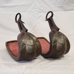 Antique Edo Period Japanese Samurai Iron Stirrups with Brass or Bronze Inlay