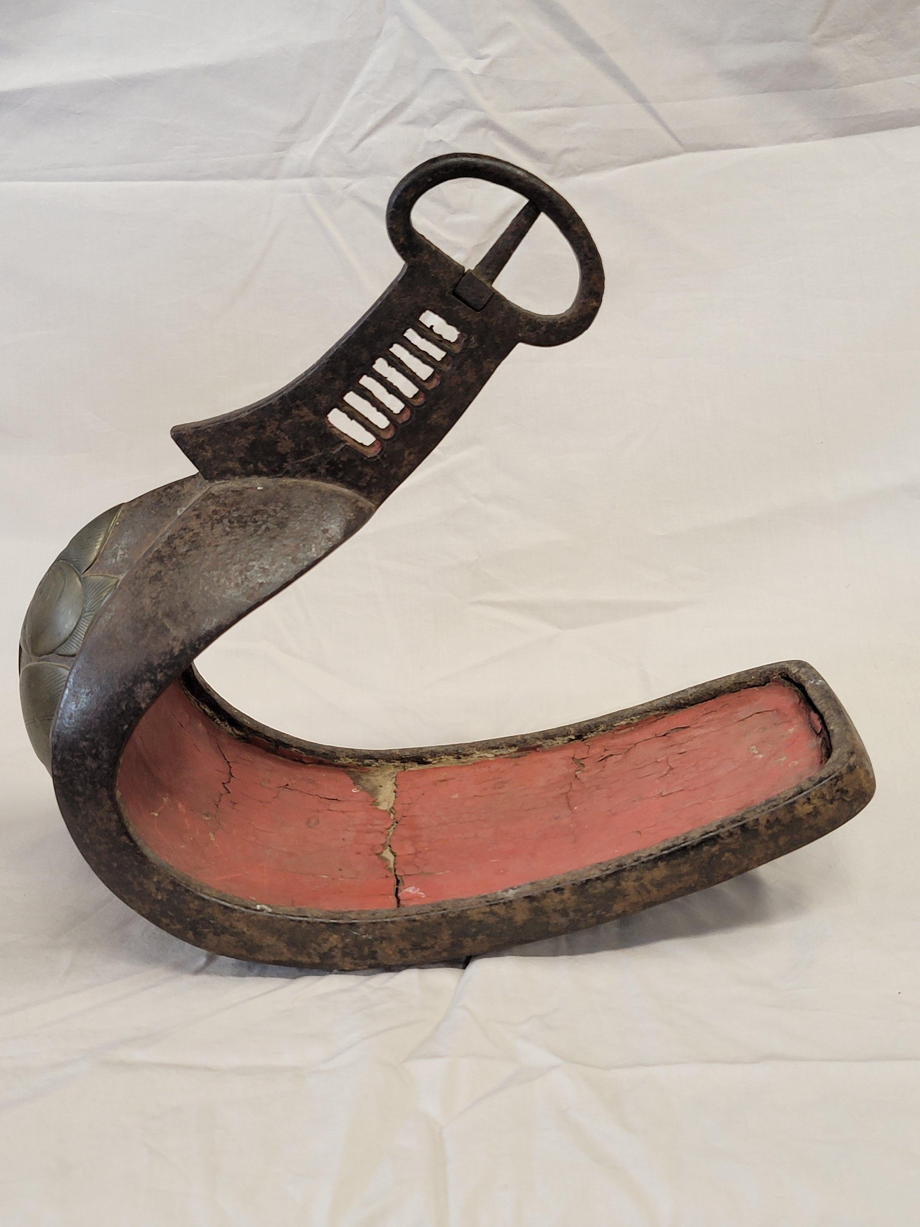 18th Century and Earlier Antique Edo Period Japanese Samurai Iron Stirrups with Brass or Bronze Inlay For Sale