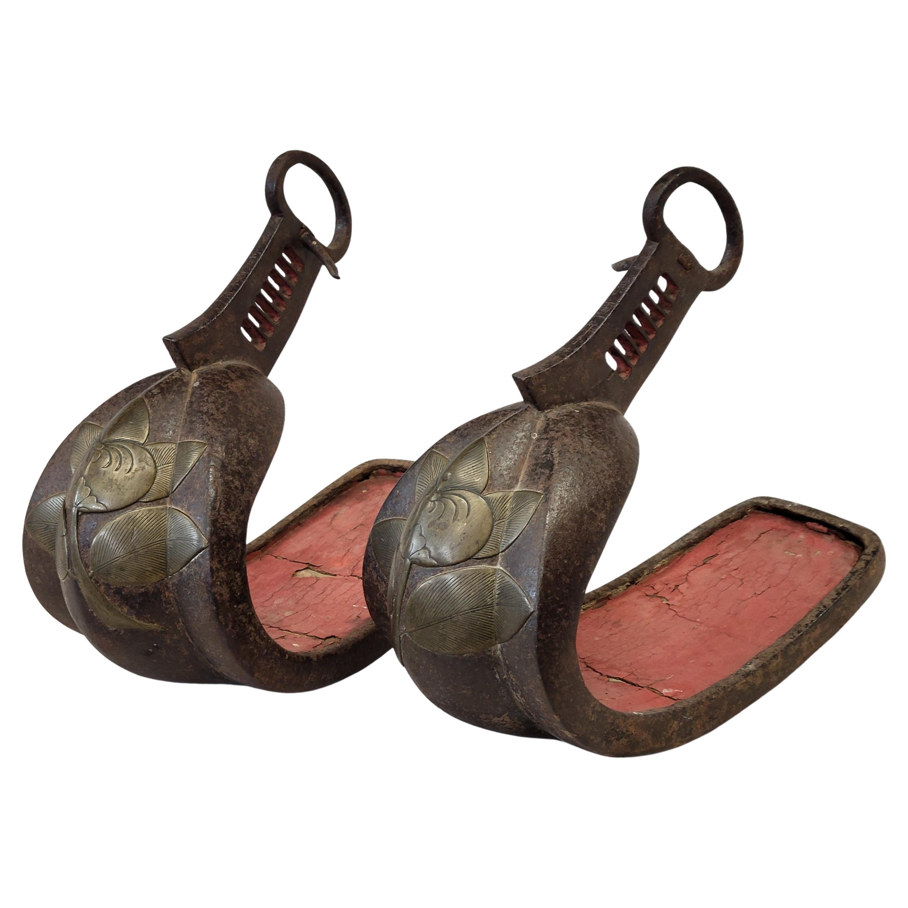 Antique Edo Period Japanese Samurai Iron Stirrups with Brass or Bronze Inlay