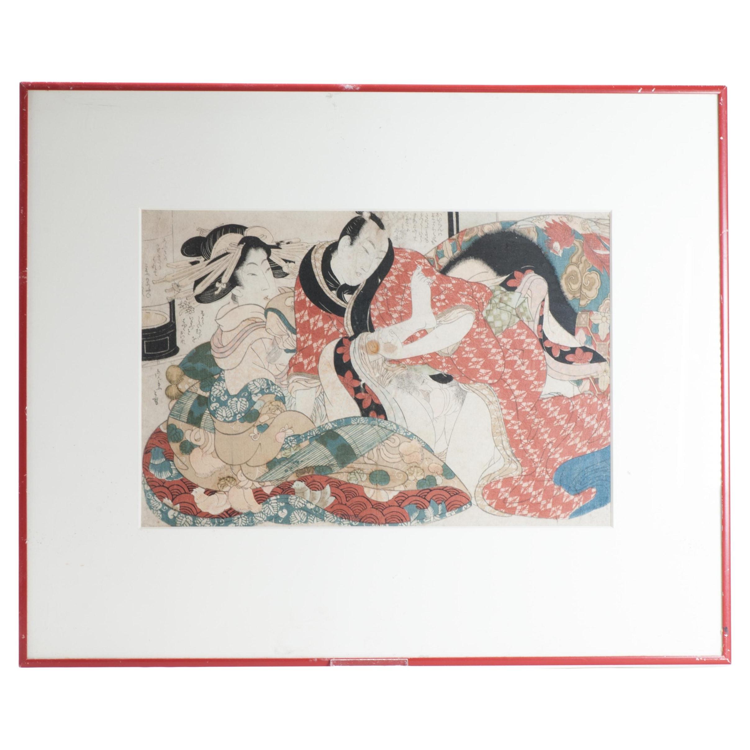 Antica stampa su legno Shunga del periodo Edo di Kikukawa Eizan, 1810-1820
