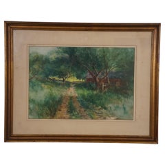 Antique Edward Loyal Field Signed Red Barn Country Road Watercolor Painting 28"