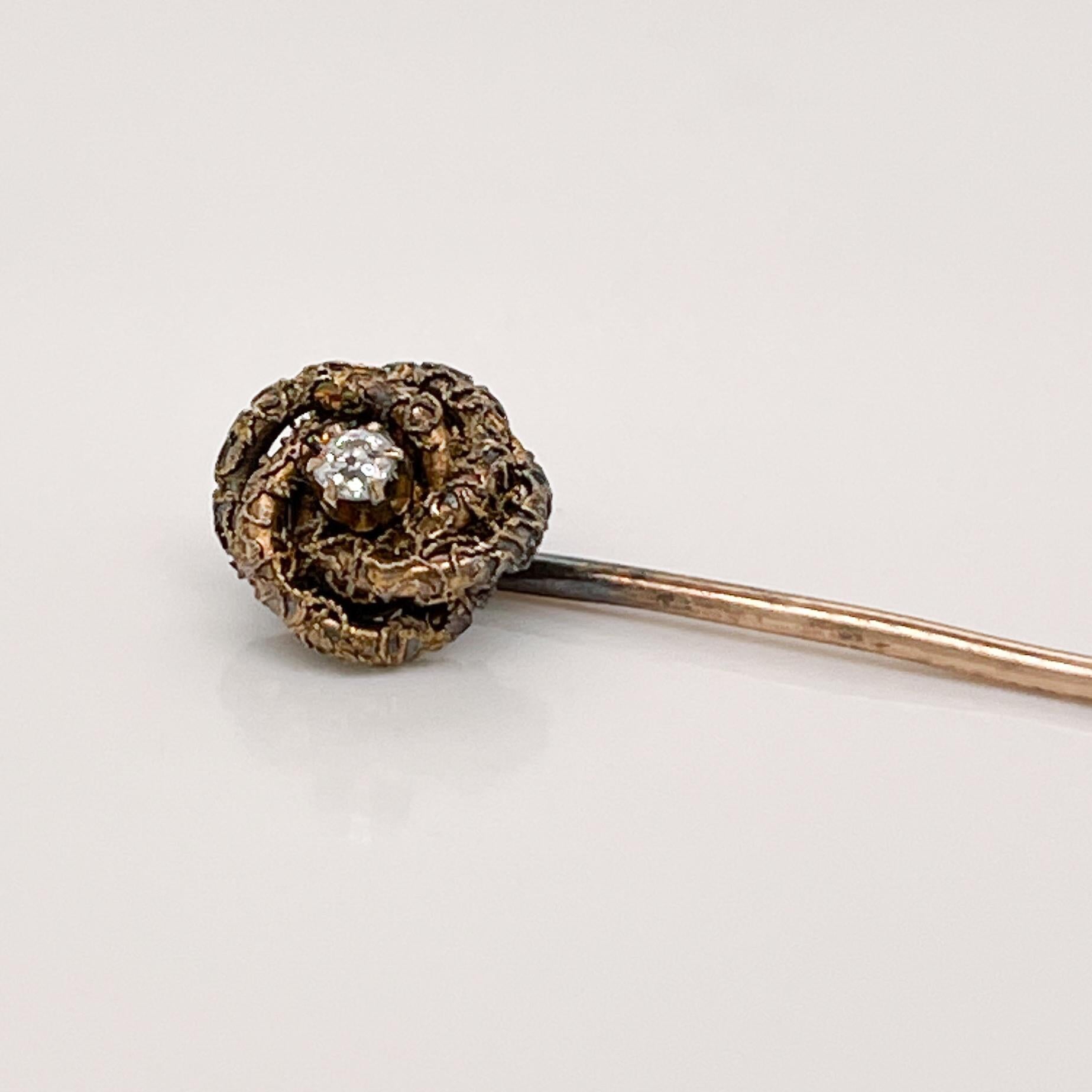 Round Cut Antique Edwardian 10 Karat Gold & Diamond Love Knot Stick Pin  For Sale