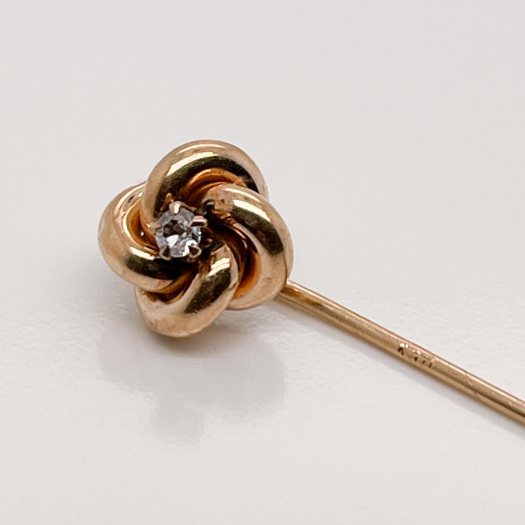 Antique Edwardian 10 Karat Gold & Diamond Love Knot Stick Pin In Good Condition For Sale In Philadelphia, PA