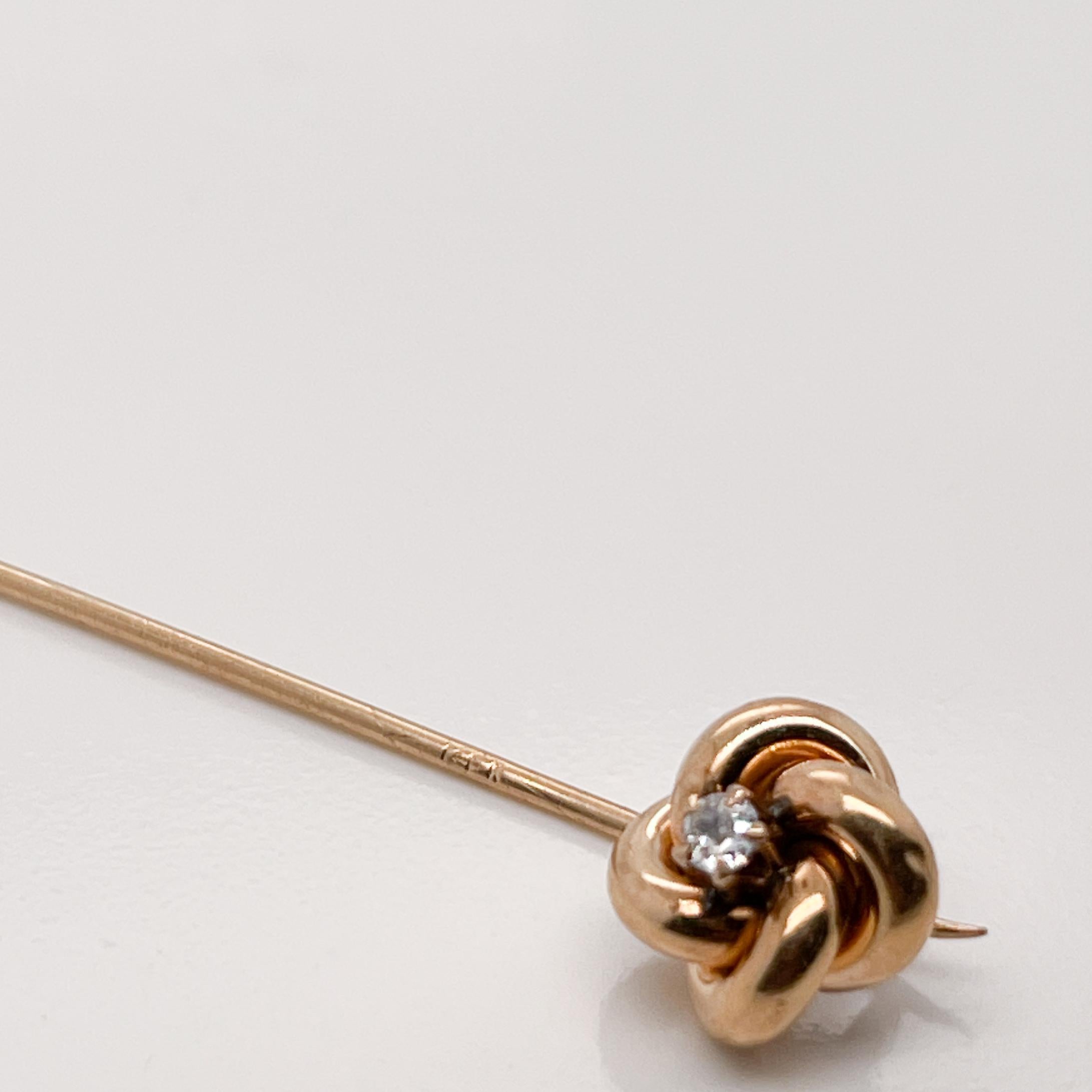 Women's or Men's Antique Edwardian 10 Karat Gold & Diamond Love Knot Stick Pin For Sale