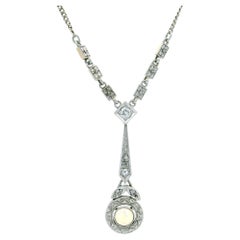 Antique Edwardian 10k Gold Platinum Opal & Diamond Dangle Pendant Curb Necklace