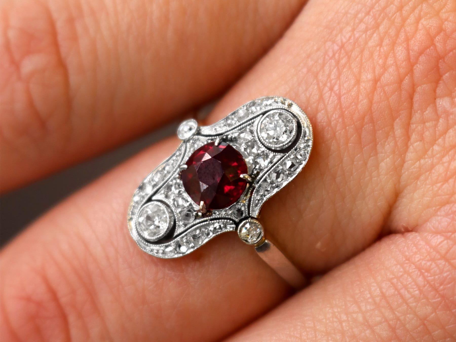 Round Cut Antique Edwardian 1.18Ct Ruby and 0.66Ct Diamond, 14k Yellow Gold Dress Ring For Sale