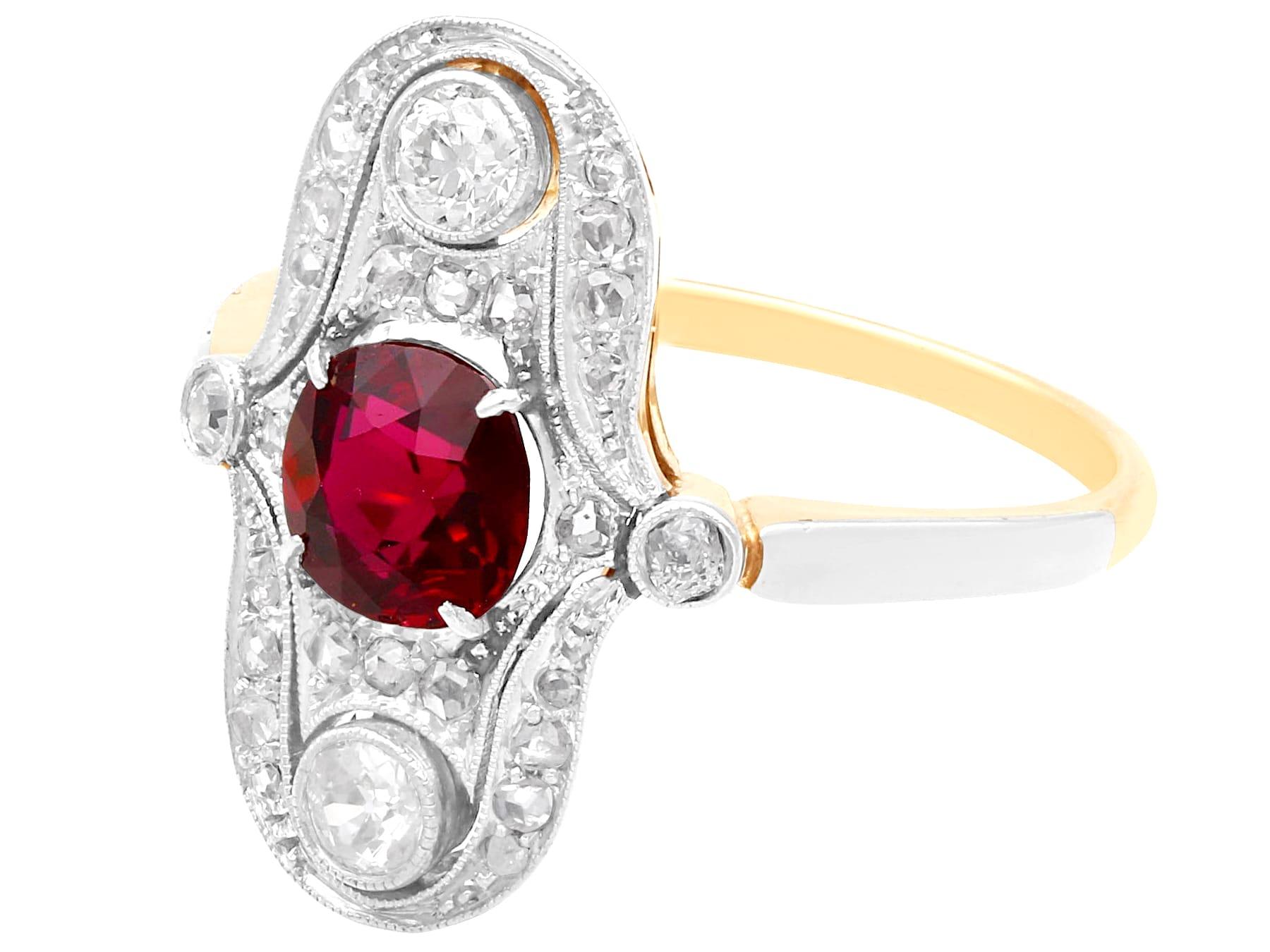 Women's or Men's Antique Edwardian 1.18Ct Ruby and 0.66Ct Diamond, 14k Yellow Gold Dress Ring For Sale