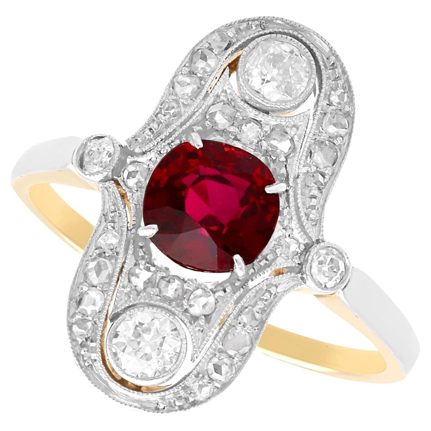 Antique Edwardian 1.18Ct Ruby and 0.66Ct Diamond, 14k Yellow Gold Dress Ring  For Sale
