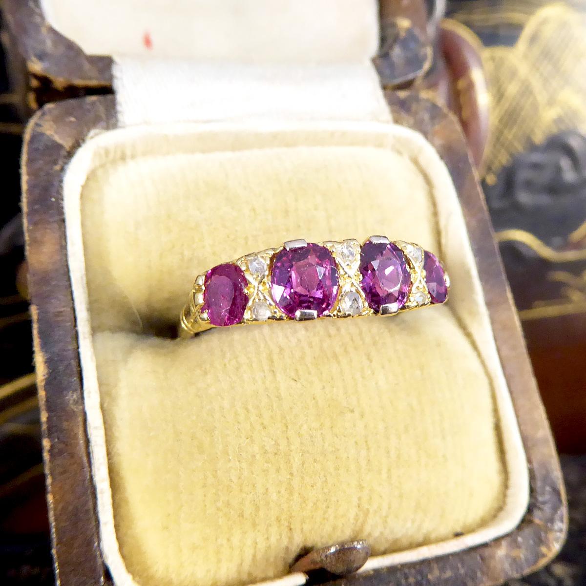 Antique Edwardian 1.18ct Ruby Four Stone Ring with Diamond Spacers 18ct Gold 3
