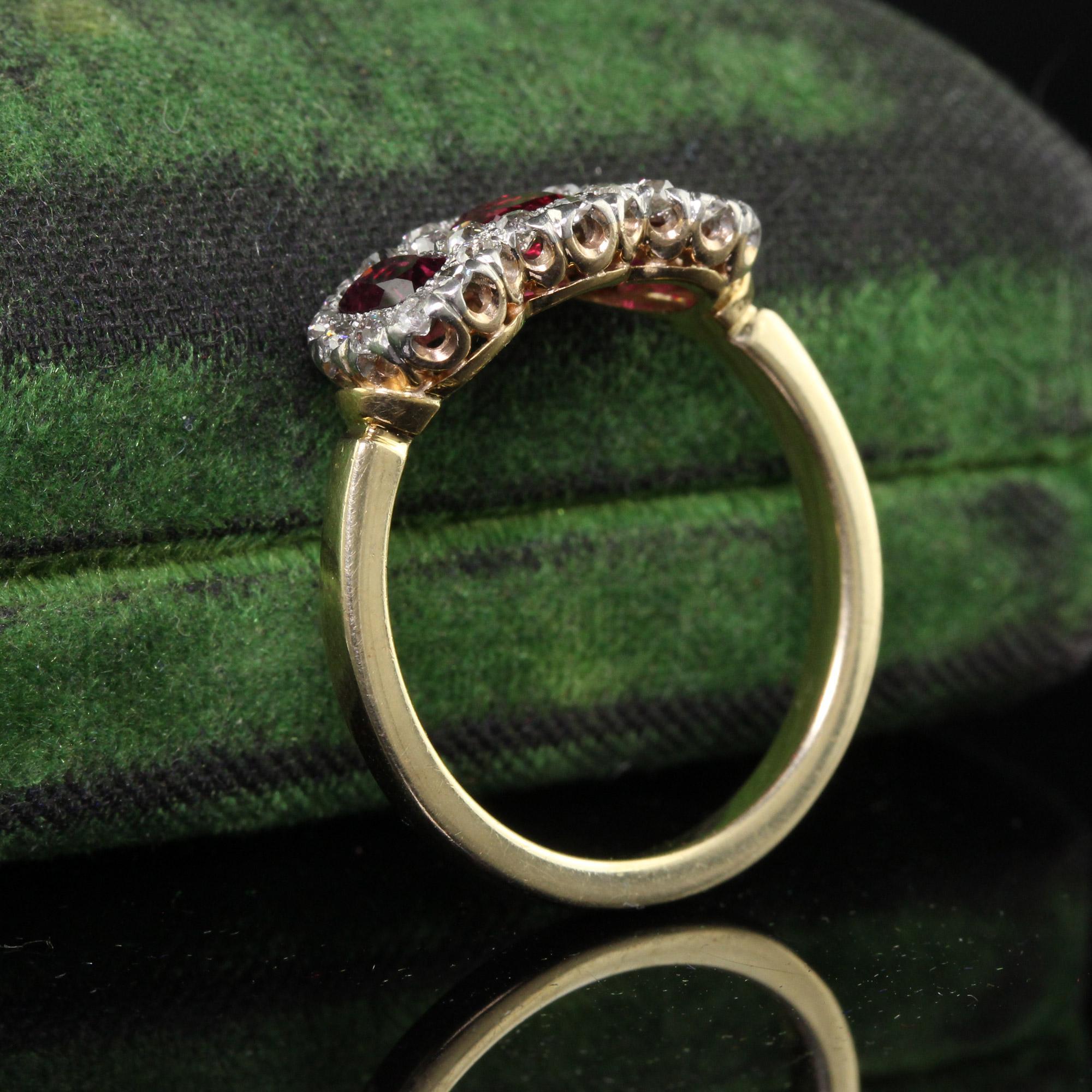 Oval Cut Antique Edwardian 12K Gold Platinum Ruby and Old Mine Diamond Three Stone Ring