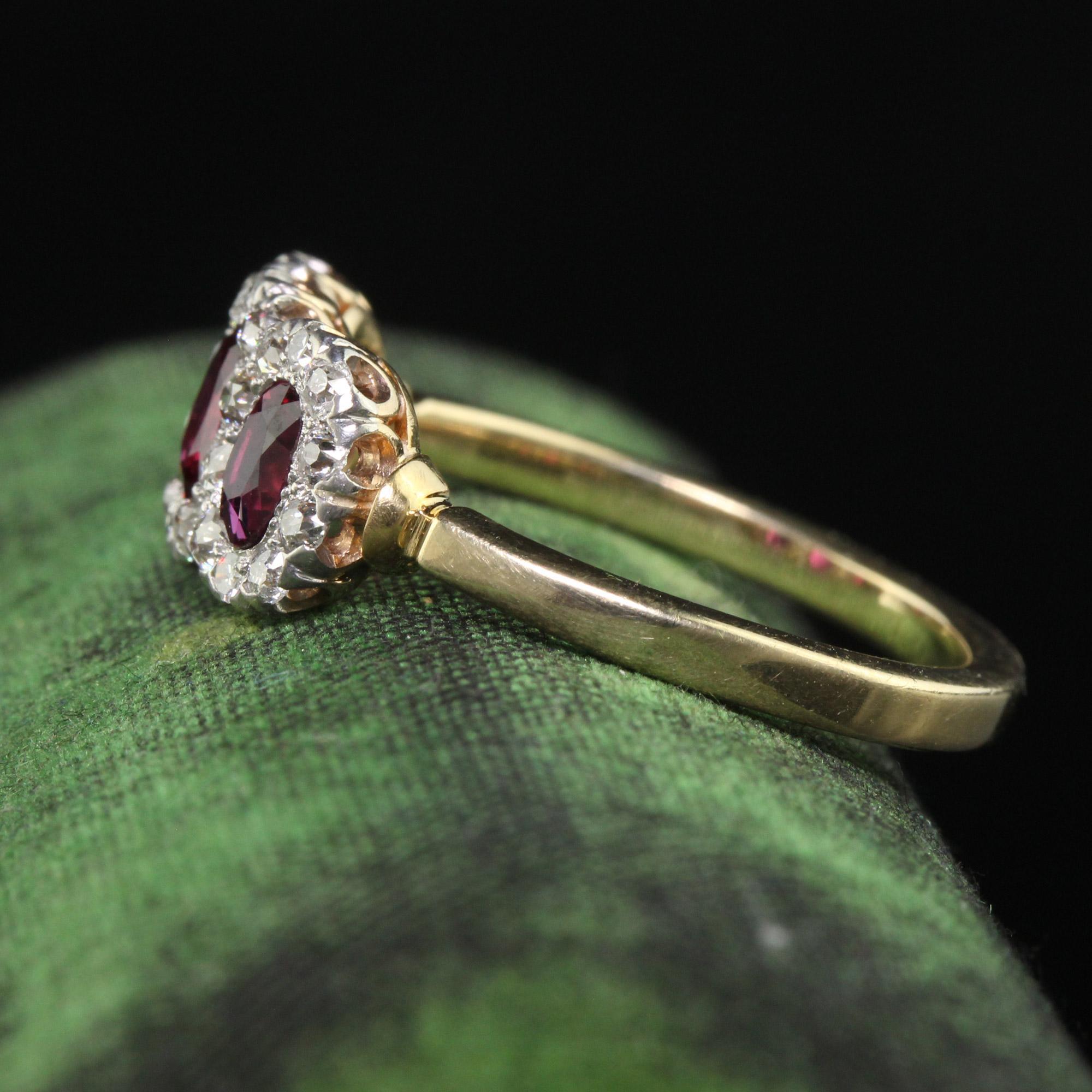 Women's Antique Edwardian 12K Gold Platinum Ruby and Old Mine Diamond Three Stone Ring