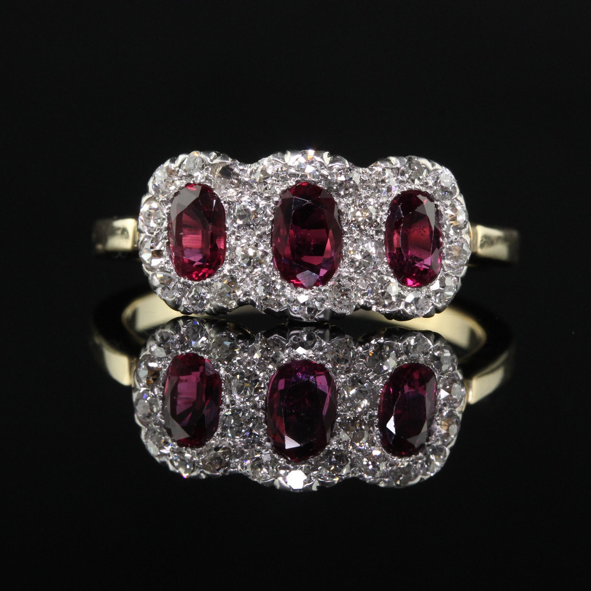 Antique Edwardian 12K Gold Platinum Ruby and Old Mine Diamond Three Stone Ring 1