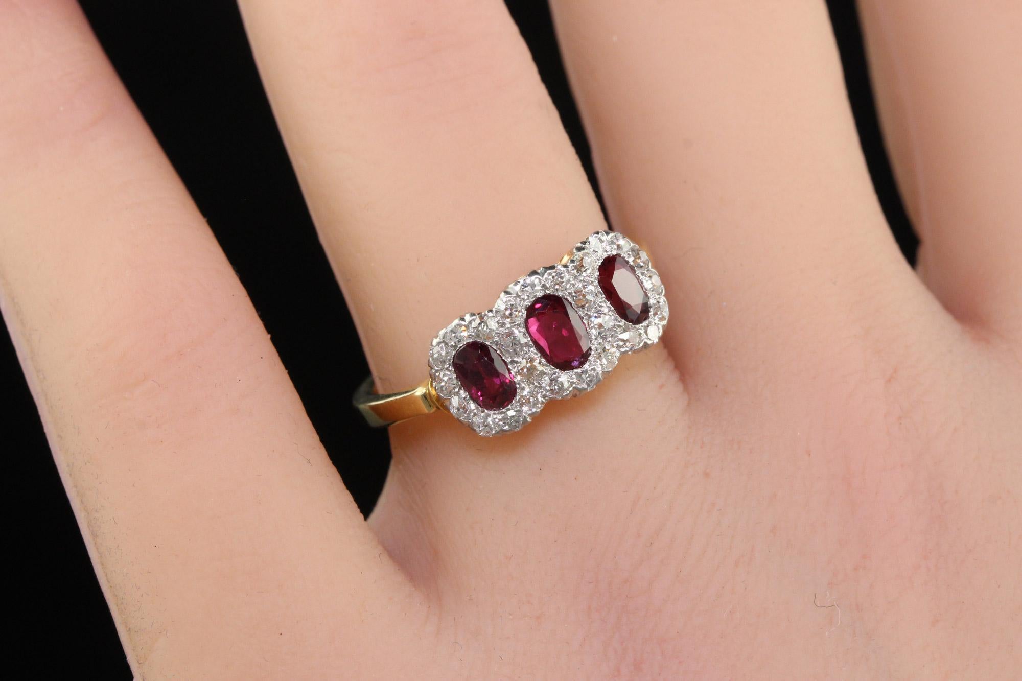 Antique Edwardian 12K Gold Platinum Ruby and Old Mine Diamond Three Stone Ring 4