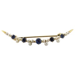 Antique Edwardian 14 Karat Gold Sapphire and Seed Pearl Crescent Pin Brooch