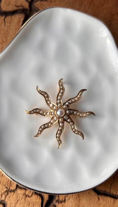 Antique Edwardian 14 Karat Yellow Gold and Natural Pearl Sunburst Brooch