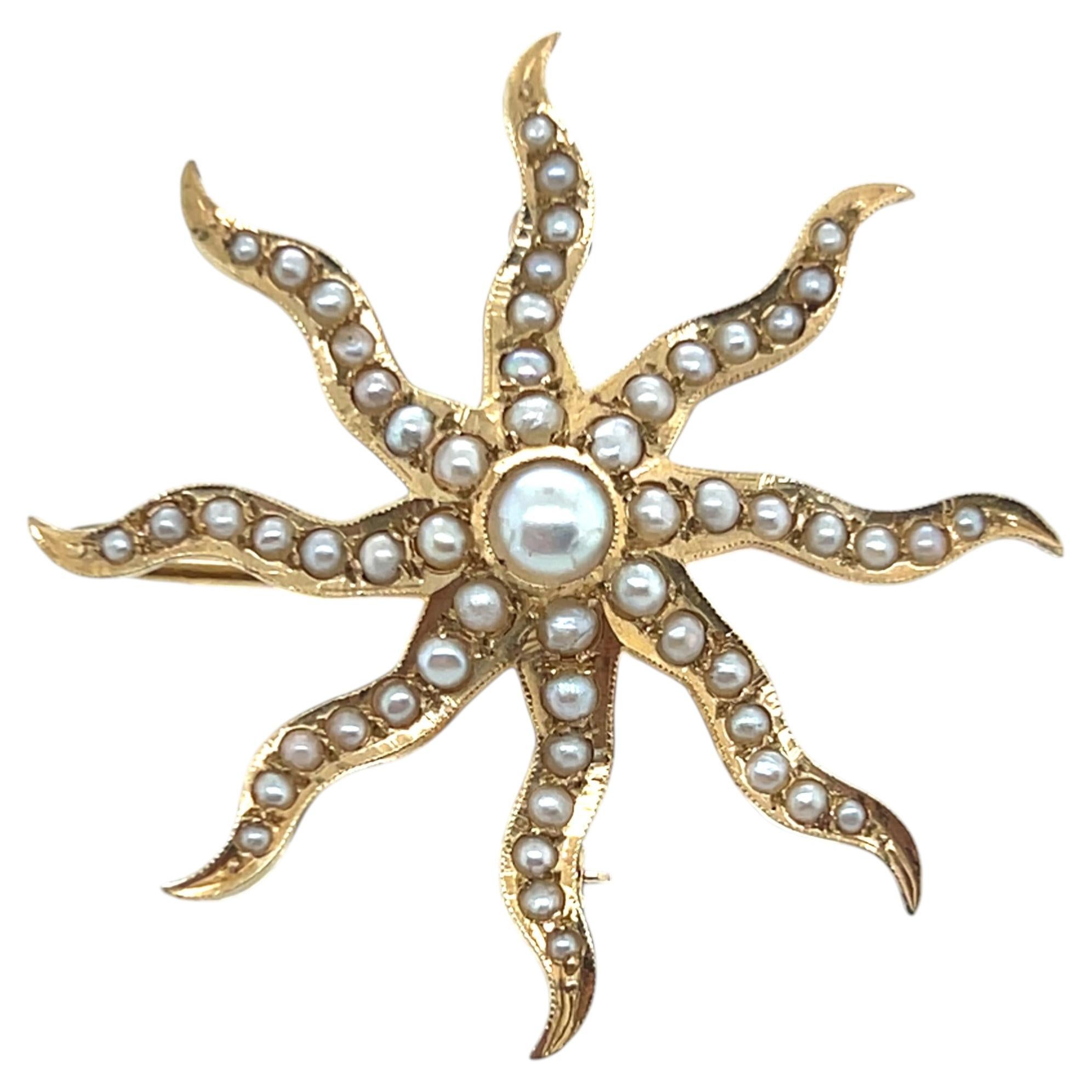 Antique Edwardian 14 Karat Yellow Gold and Natural Pearl Sunburst Brooch