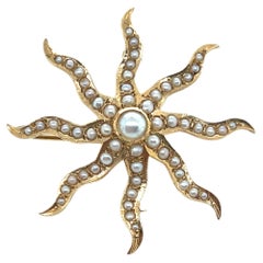 Antique Edwardian 14 Karat Yellow Gold and Natural Pearl Sunburst Brooch