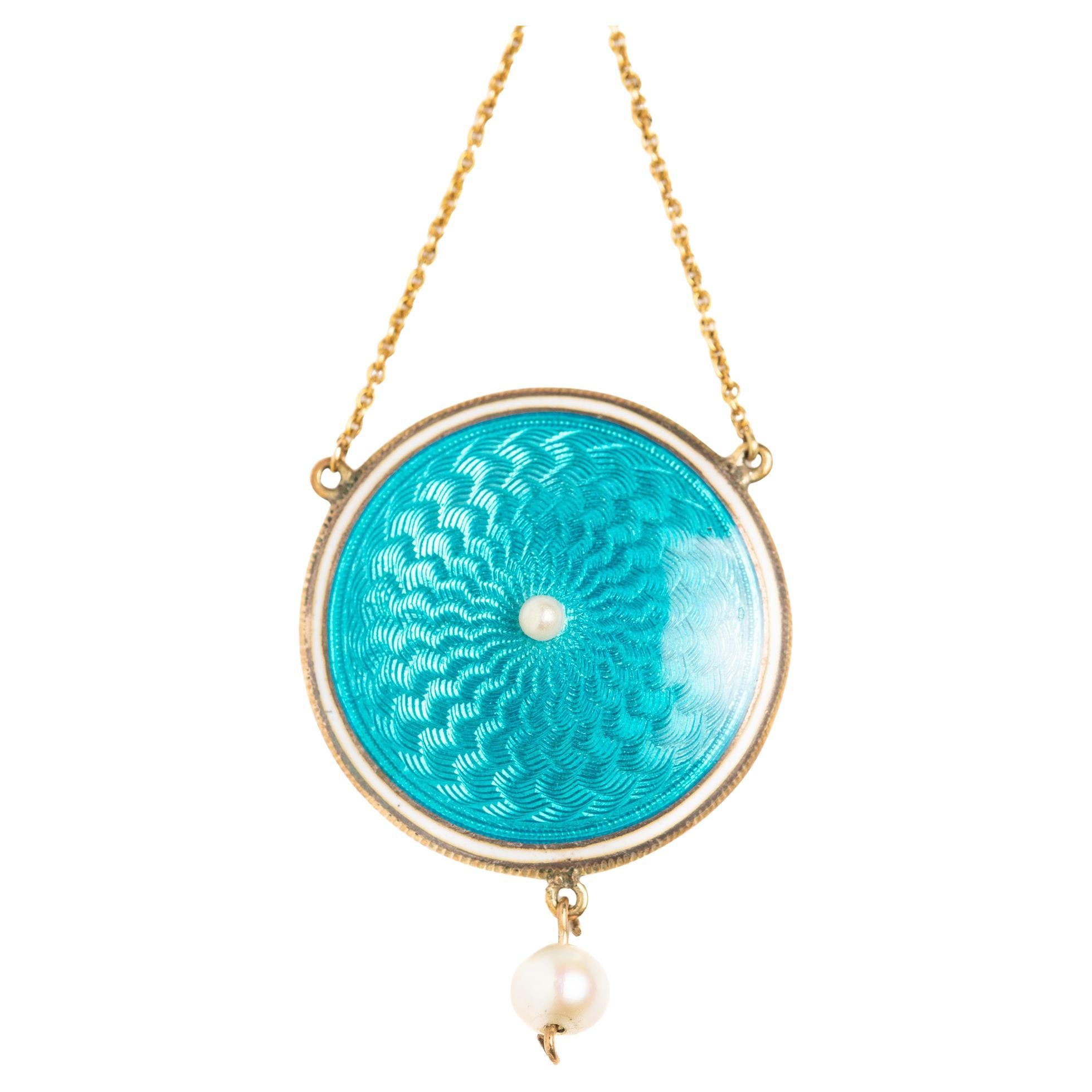Antique Edwardian 14ct Gold Guilloche Enamel & Pearl Necklace Pendant
