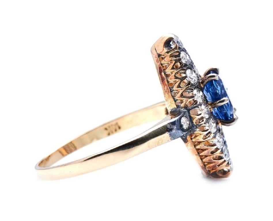 Antique, Edwardian, 14ct Gold, Sapphire and Diamond Navette Cluster Ring In Excellent Condition For Sale In Rochford, Essex