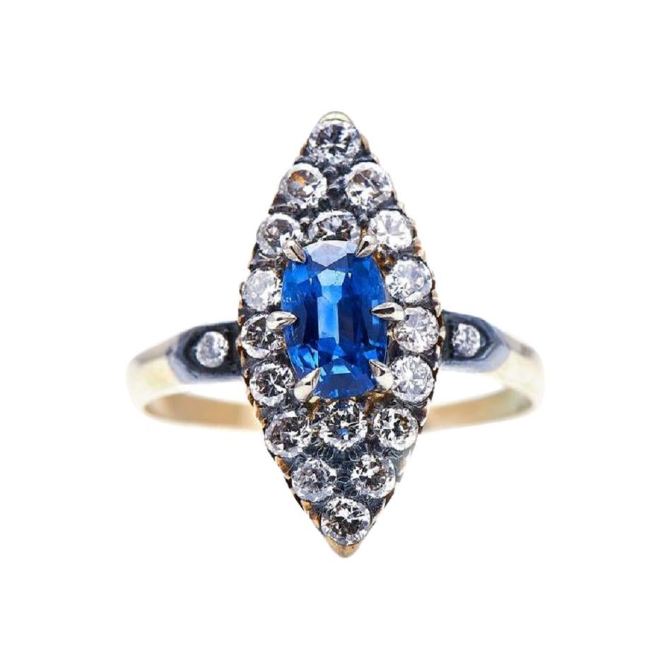 Antique, Edwardian, 14ct Gold, Sapphire and Diamond Navette Cluster Ring For Sale